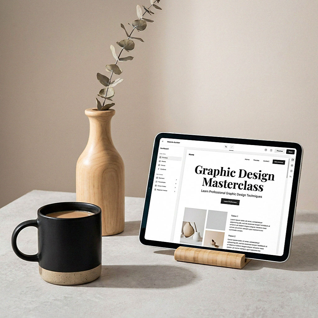 Tablet on a desk showing a graphic design masterclass page, beside a black mug and a vase with eucalyptus.