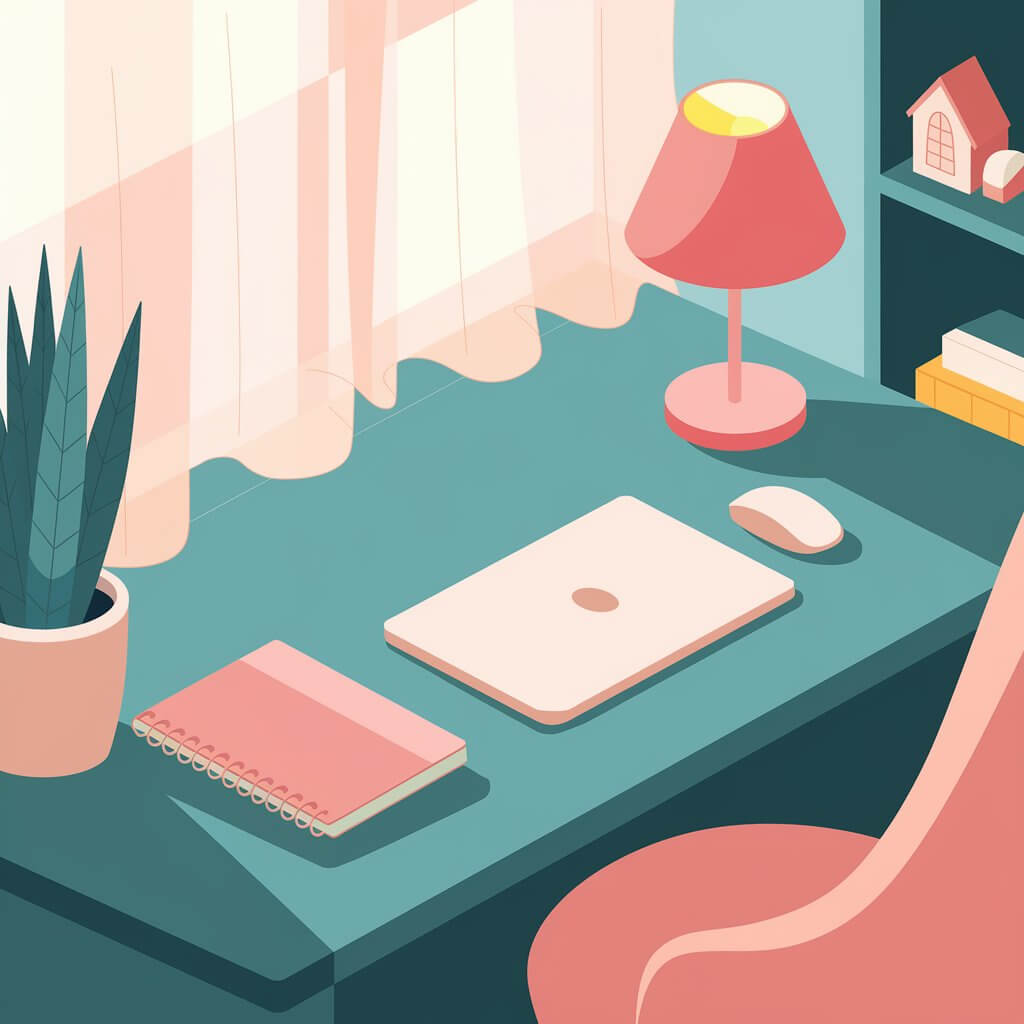 A minimalist workspace with a laptop, mouse, lamp, plant, and notebook on a desk by a window. Shelves hold books and decor.