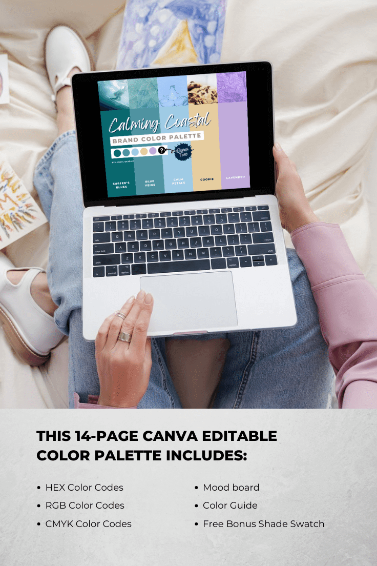 calming coastal 14 page color palette includes with woman checking it out on a laptop