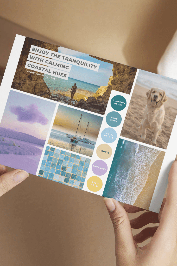 two hands holding a postcard with calming coastal canva color palette branding mood board