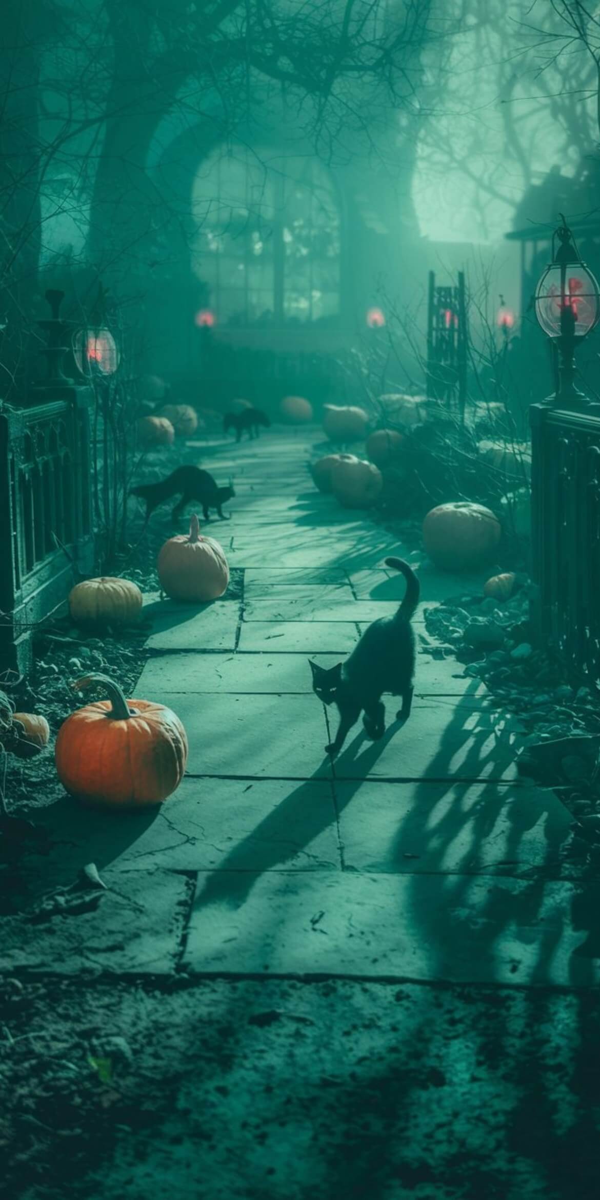 107+ Free Halloween Wallpapers To Download 26 a cat walking on a sidewalk with pumpkins