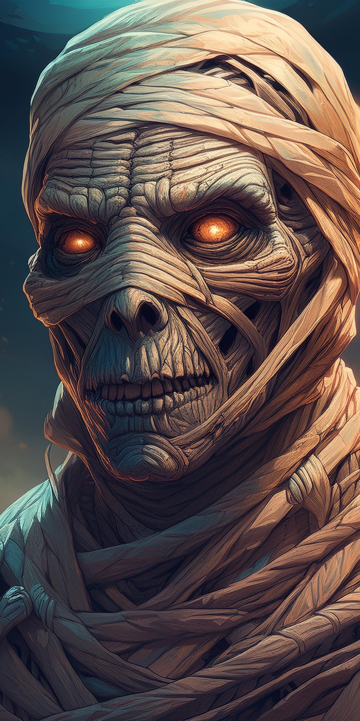 107+ Free Halloween Wallpapers To Download 101 A mummy wrapped in bandages with glowing eyes, set against a dark, atmospheric background, exuding an eerie, ancient presence.