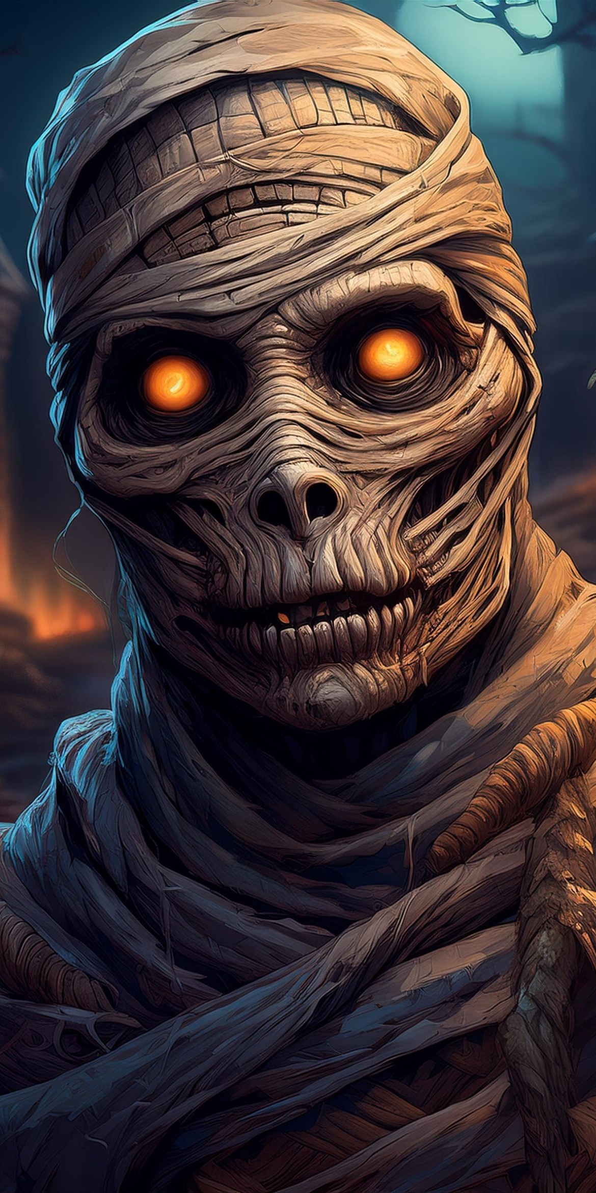 107+ Free Halloween Wallpapers To Download 102 A mummy with glowing eyes wrapped in decaying bandages stands in a dim, eerie environment with smoky shadows and a haunting atmosphere.