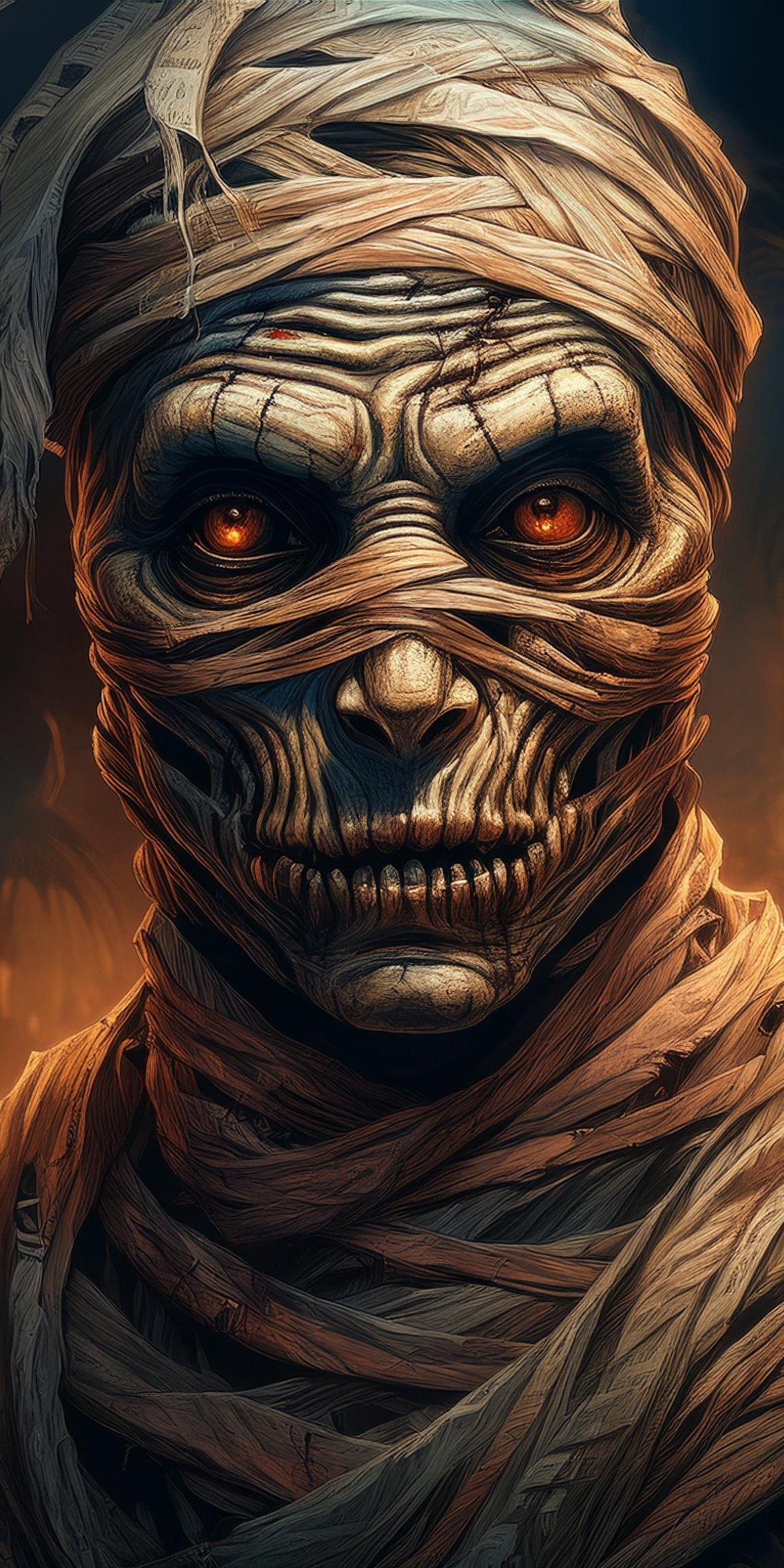 107+ Free Halloween Wallpapers To Download 103 A detailed mummy face with glowing eyes, wrapped in aged bandages against a dark background, creating an eerie, supernatural atmosphere.