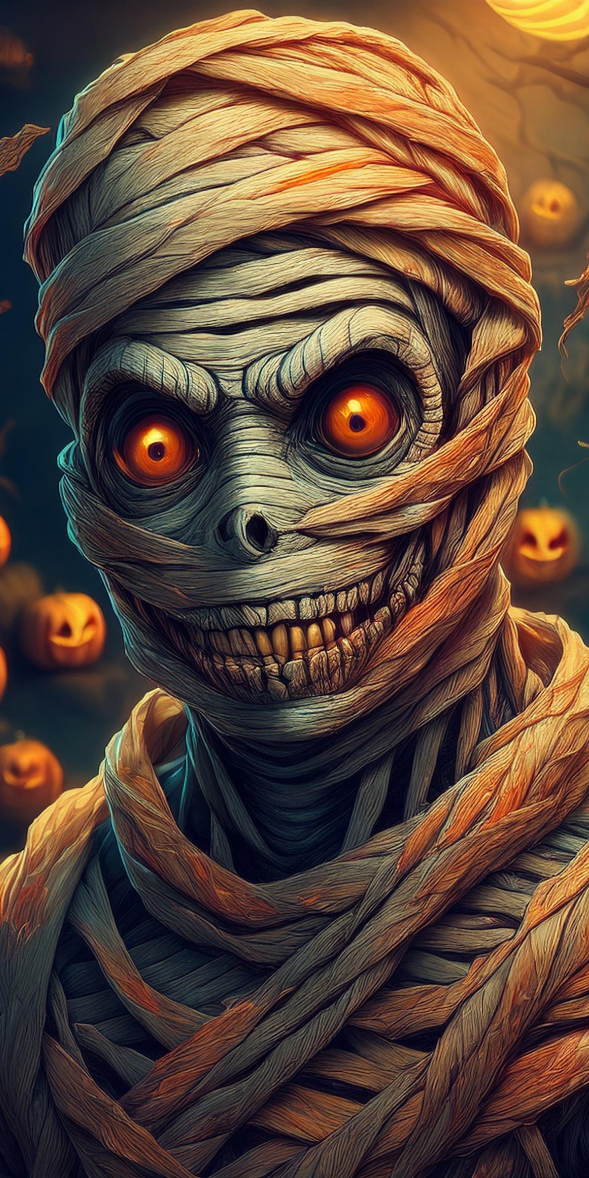 107+ Free Halloween Wallpapers To Download 104 A mummy with glowing eyes is wrapped in bandages, surrounded by carved pumpkins and a full moon in the background.
