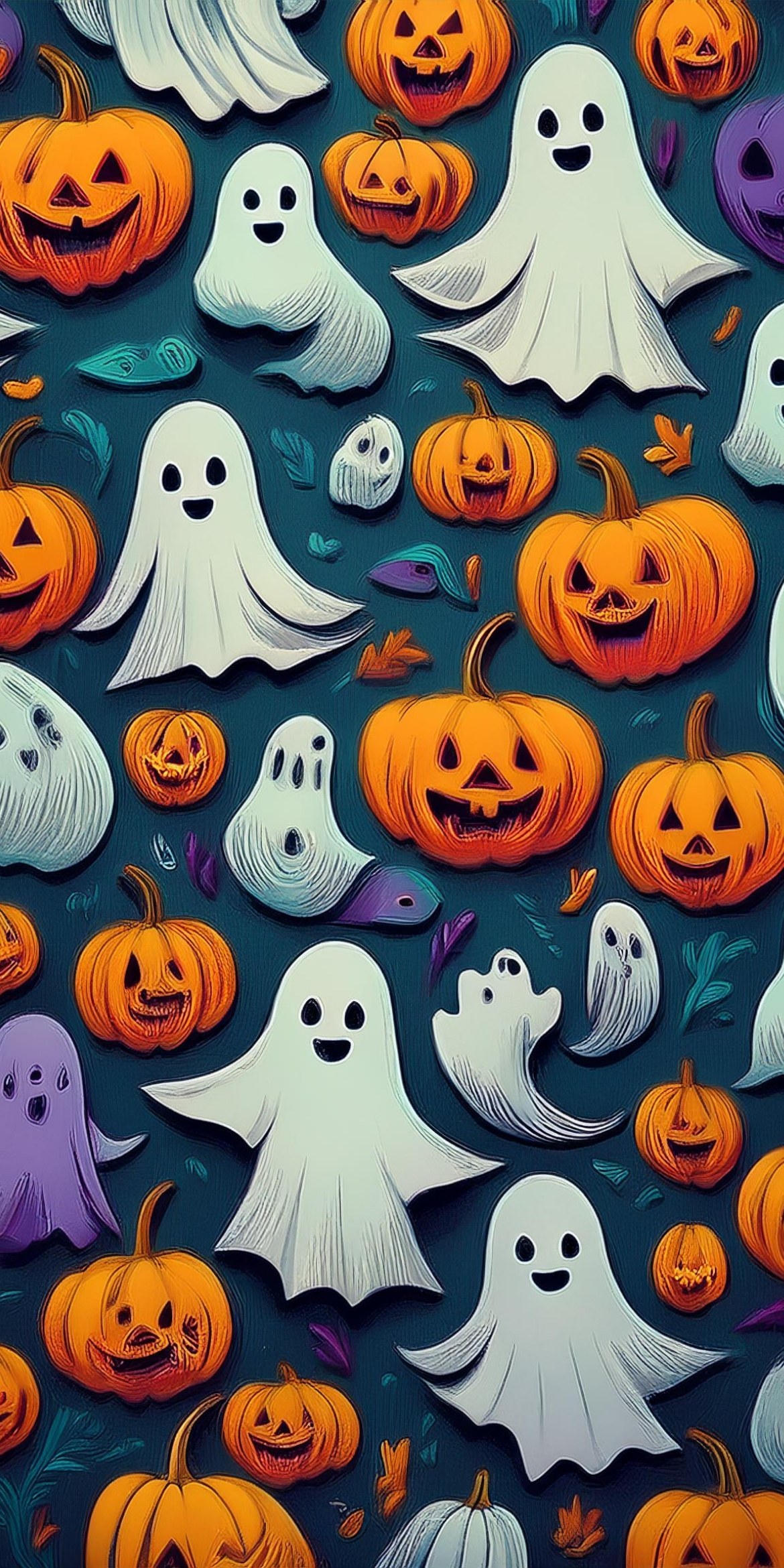 107+ Free Halloween Wallpapers To Download 105 Playful Halloween-themed illustration featuring smiling ghosts and carved pumpkins on a dark background. Bright, festive colors create a whimsical, spooky atmosphere.