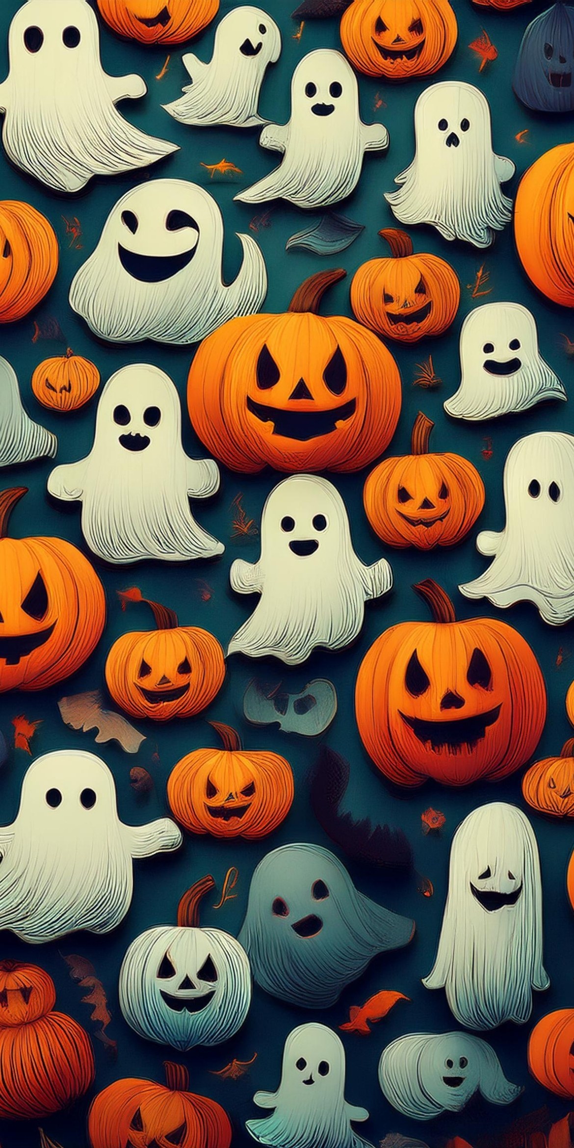 107+ Free Halloween Wallpapers To Download 106 Illustrated pattern of cheerful ghosts and carved pumpkins on a dark background, creating a playful Halloween theme with vibrant orange and white colors.