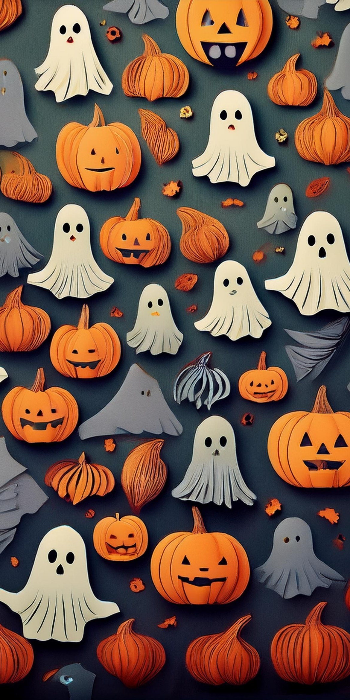 107+ Free Halloween Wallpapers To Download 107 A festive Halloween pattern featuring cartoon ghosts and pumpkins on a dark background, creating a playful and spooky atmosphere.
