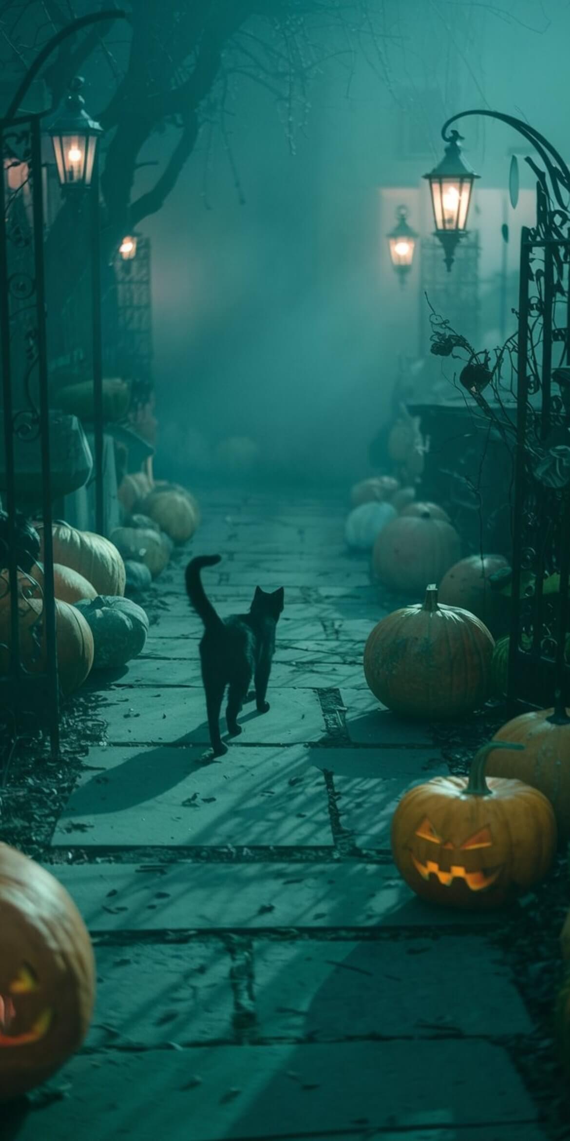 107+ Free Halloween Wallpapers To Download 25 a cat walking on a path with pumpkins