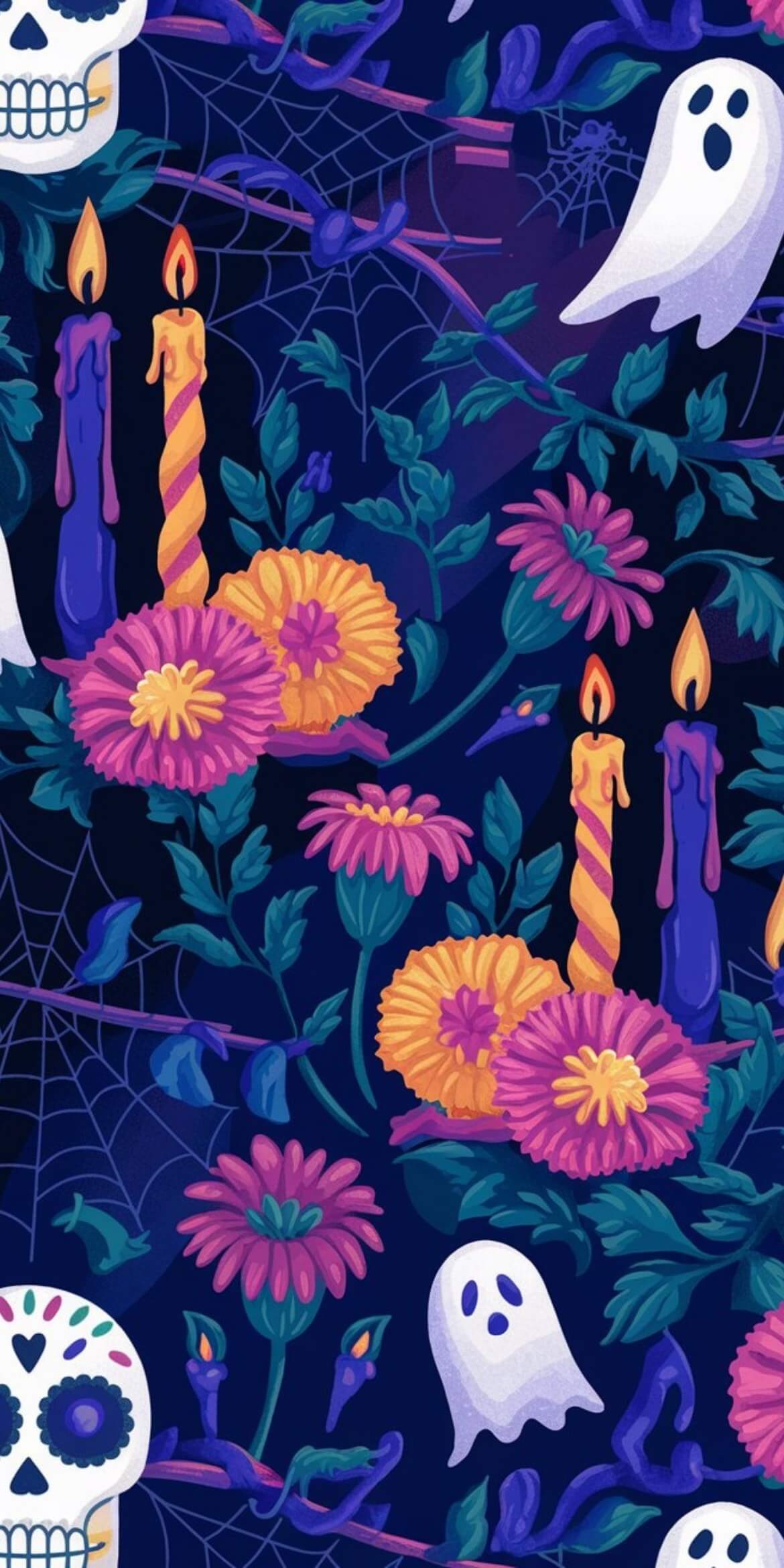 107+ Free Halloween Wallpapers To Download 33 a colorful floral pattern with candles and flowers for halloween