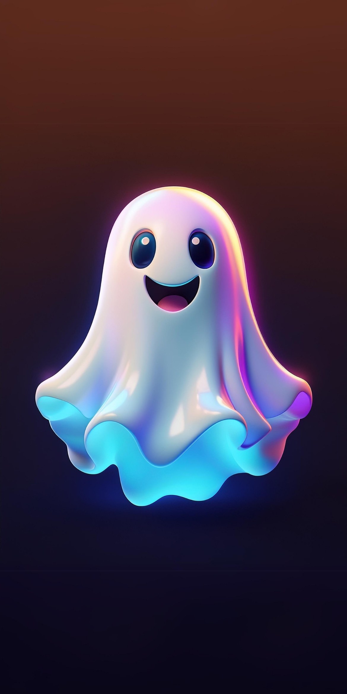 107+ Free Halloween Wallpapers To Download 61 A cute, smiling cartoon ghost with a glossy, colorful surface floats against a dark background, emitting a playful, warm glow.