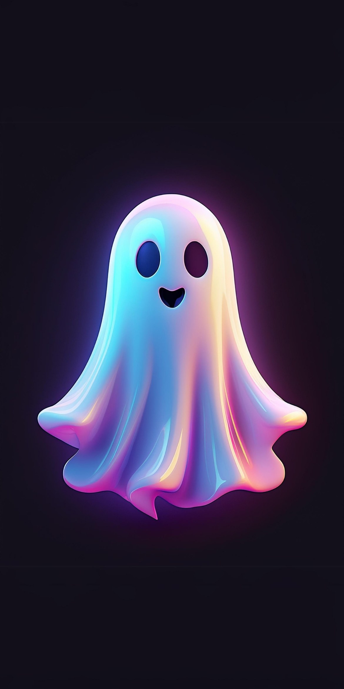 107+ Free Halloween Wallpapers To Download 62 A colorful, smiling cartoon ghost character with a glowing aura floats against a dark background, displaying a playful, friendly expression.