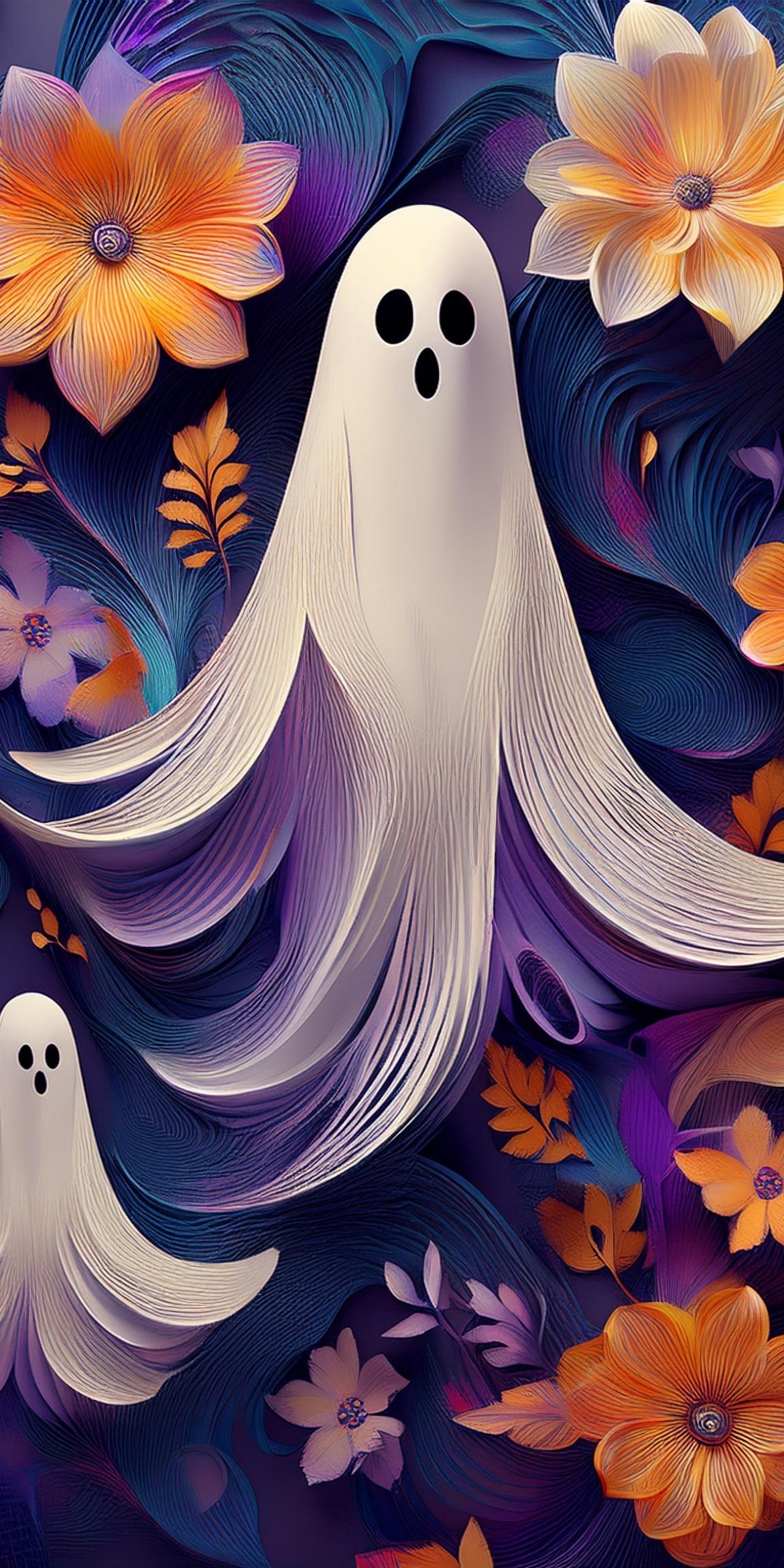 107+ Free Halloween Wallpapers To Download 63 Abstract artwork featuring whimsical ghosts amidst vibrant orange and purple flowers. The scene has a swirling, textured background creating a dynamic visual flow.
