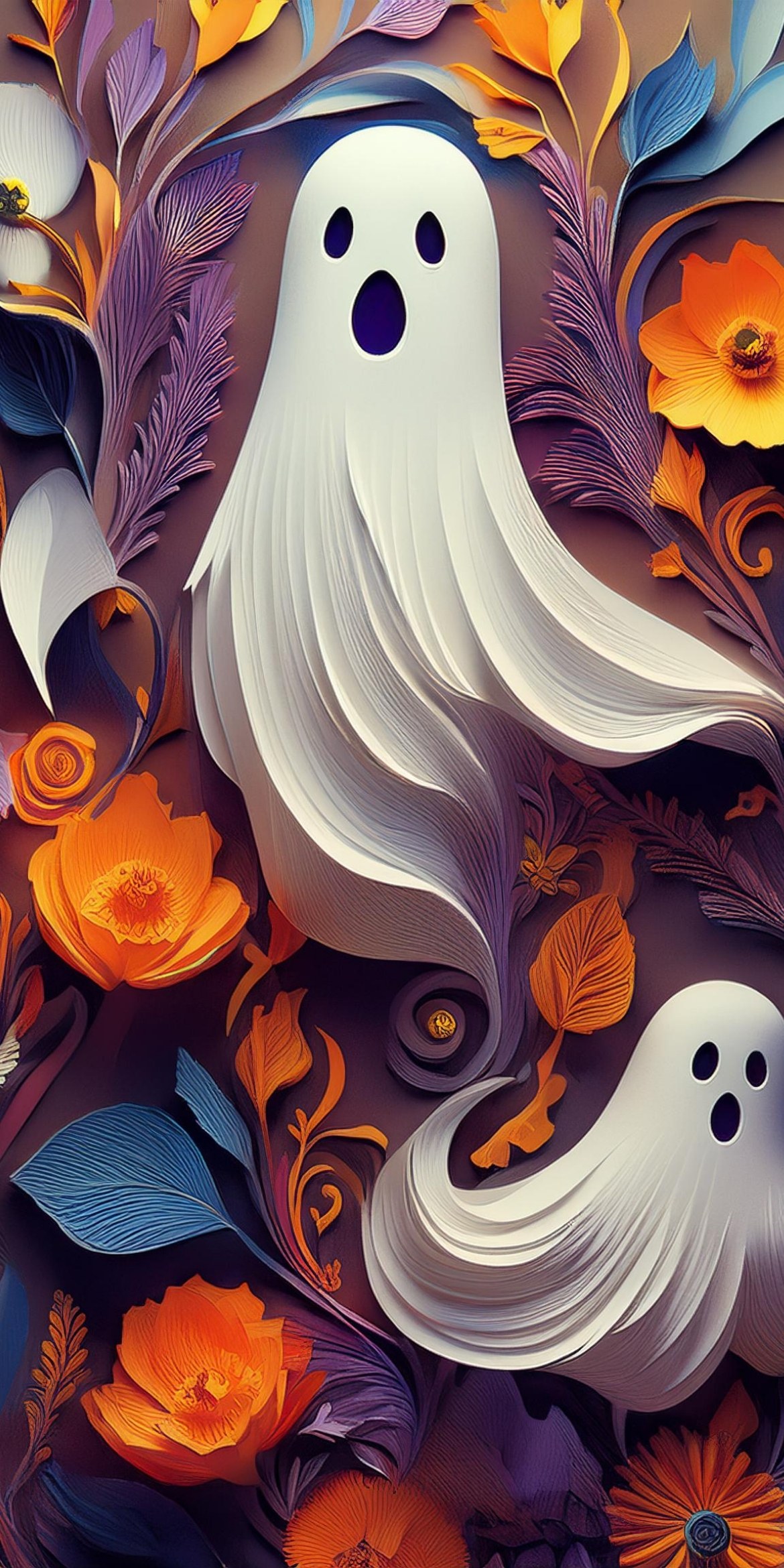 107+ Free Halloween Wallpapers To Download 64 Two ghostly figures among colorful, intricately detailed paper-cut plants and flowers with vibrant orange and blue tones, creating a playful, haunting atmosphere.
