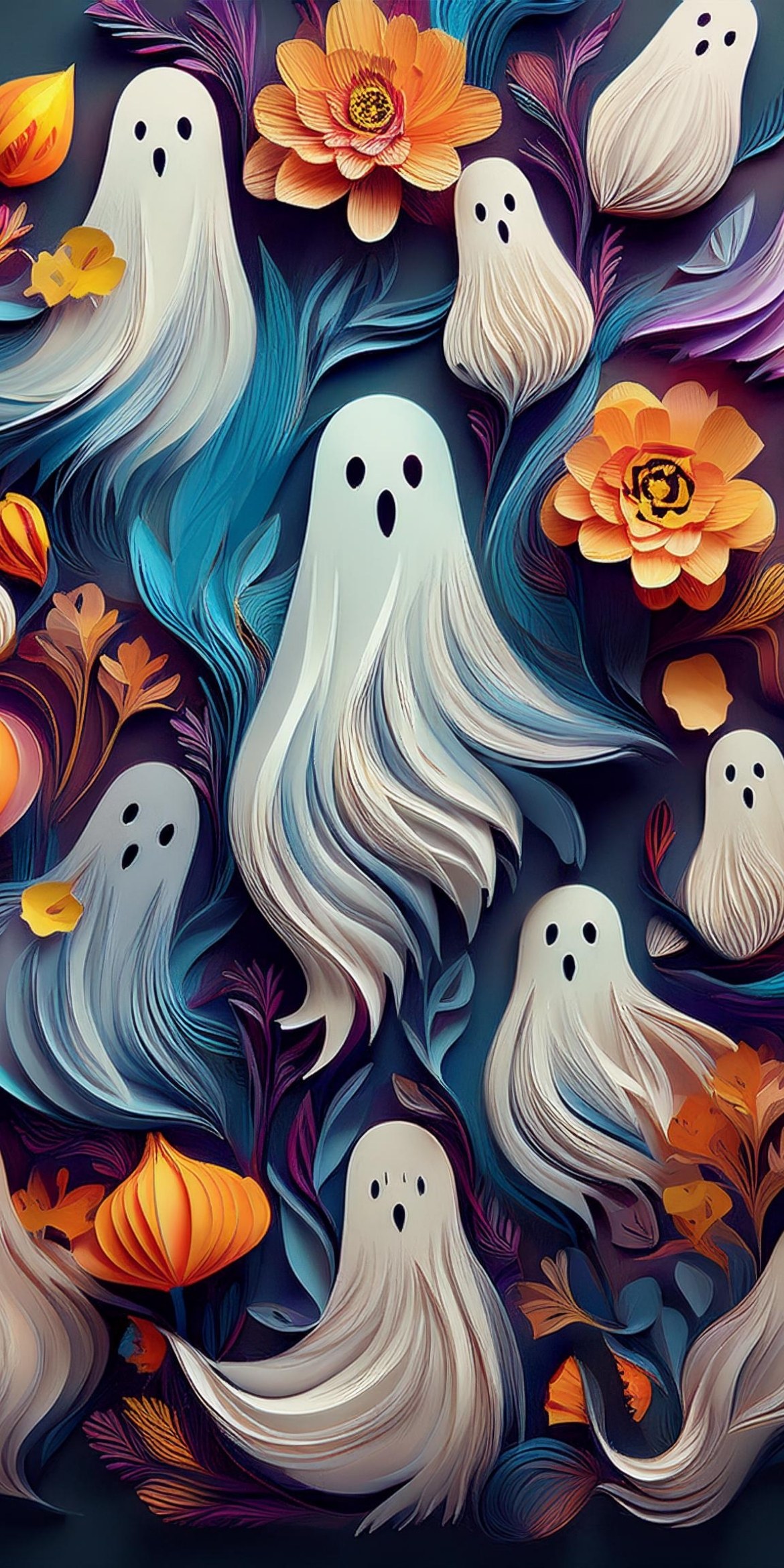 107+ Free Halloween Wallpapers To Download 65 Whimsical illustration of ghostly figures intertwined with vibrant flowers and foliage, blending playful elements of autumn and fantasy in a colorful design.