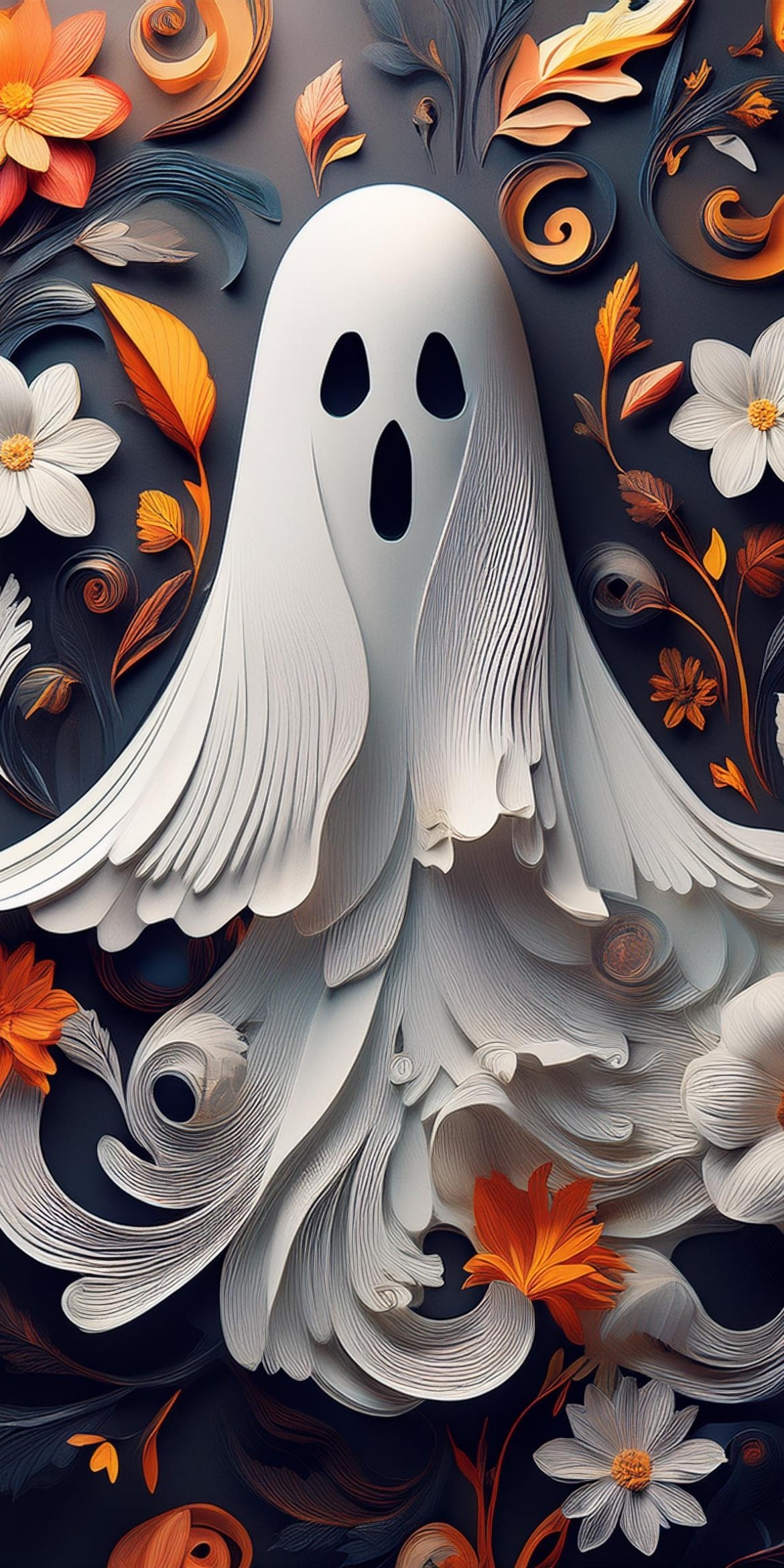 107+ Free Halloween Wallpapers To Download 66 A stylized ghost made of layered paper art is surrounded by vibrant flowers and swirling leaves, creating a whimsical, colorful scene.