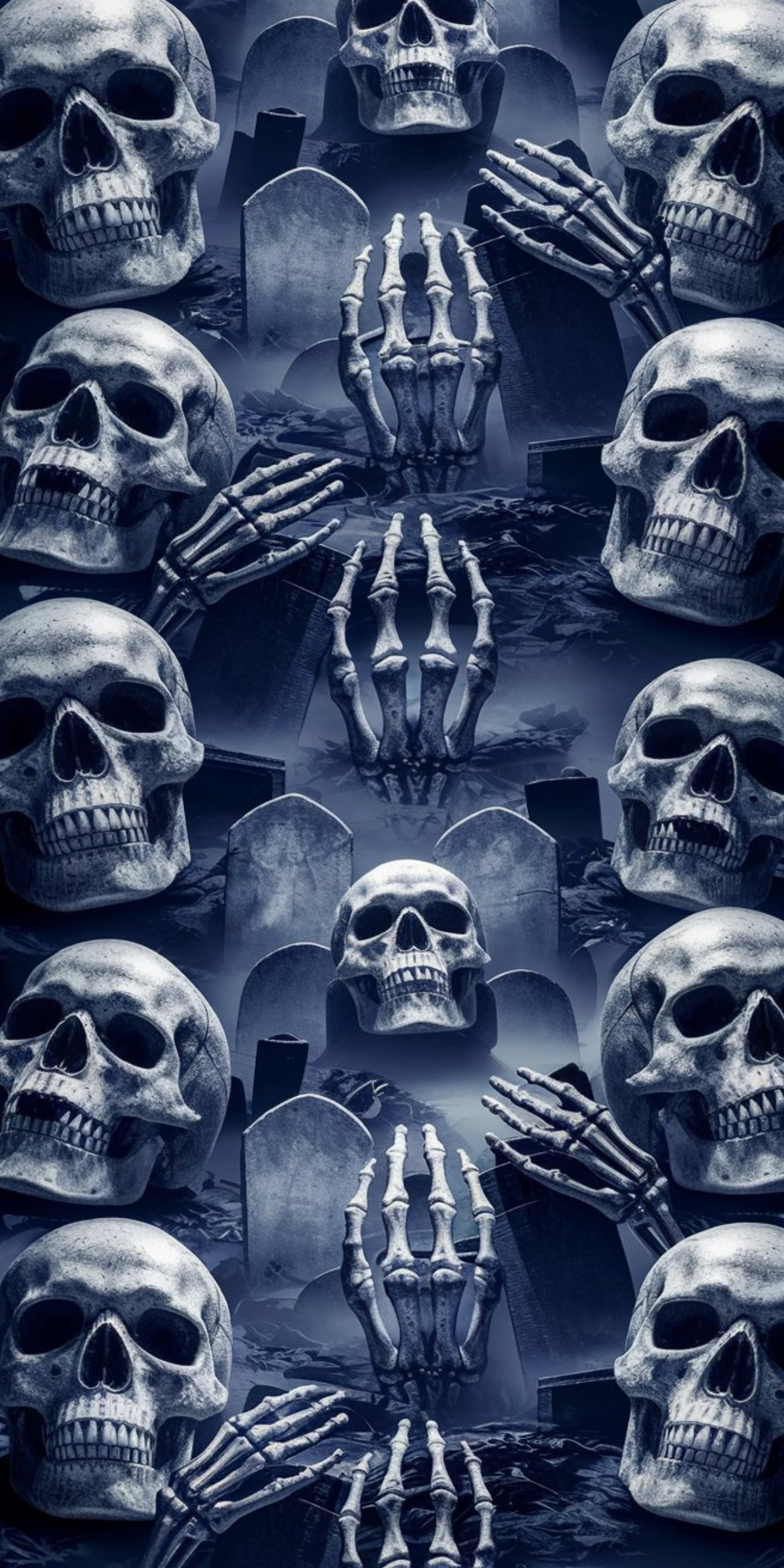 107+ Free Halloween Wallpapers To Download 67 Skulls and skeleton hands arranged against a backdrop of looming tombstones, creating a haunting pattern with an eerie, dark atmospheric setting.