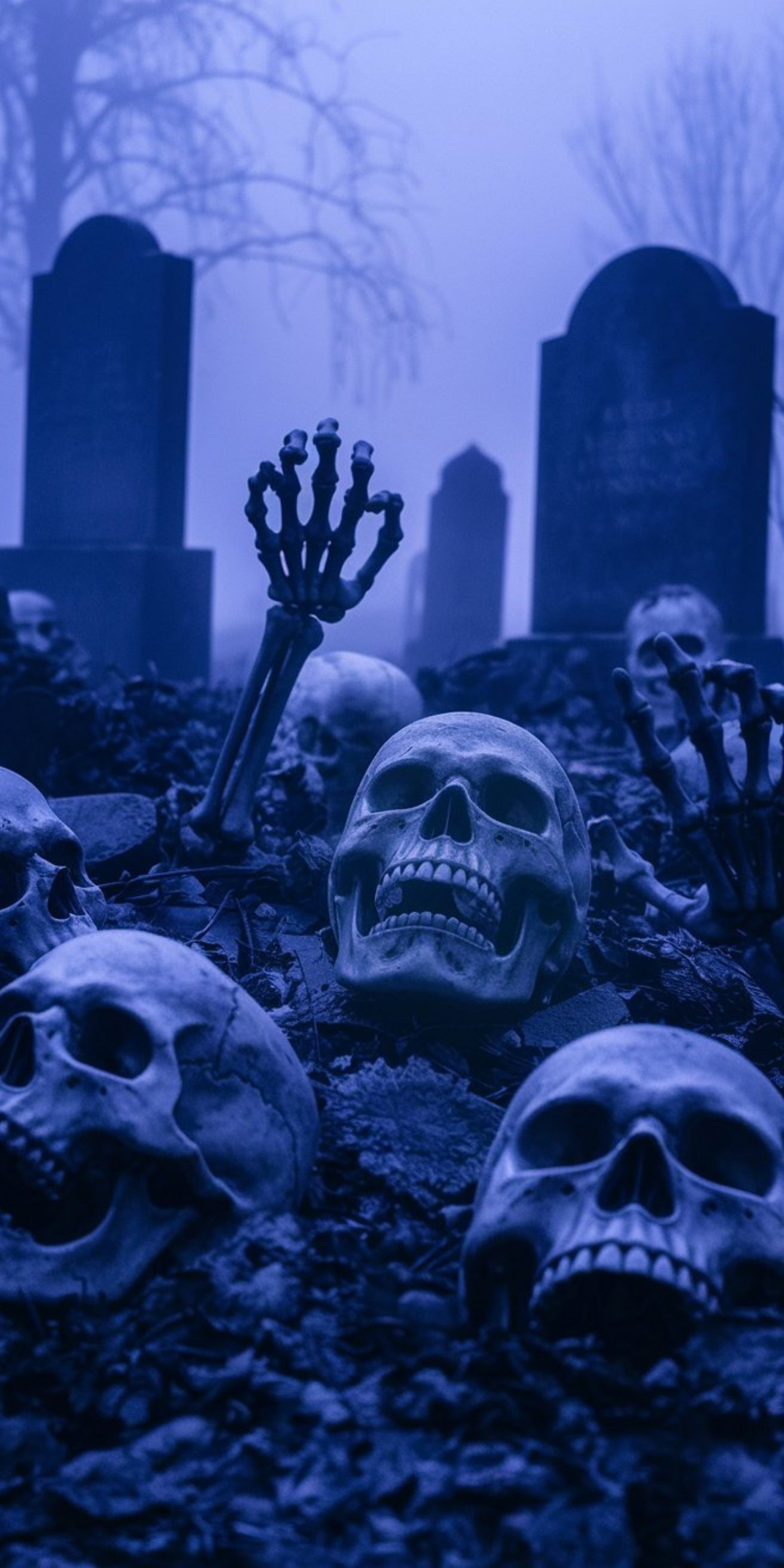 107+ Free Halloween Wallpapers To Download 70 Eerie graveyard scene with human skulls and skeletal hands emerging from the ground. Tombstones and bare trees loom in a misty blue haze.