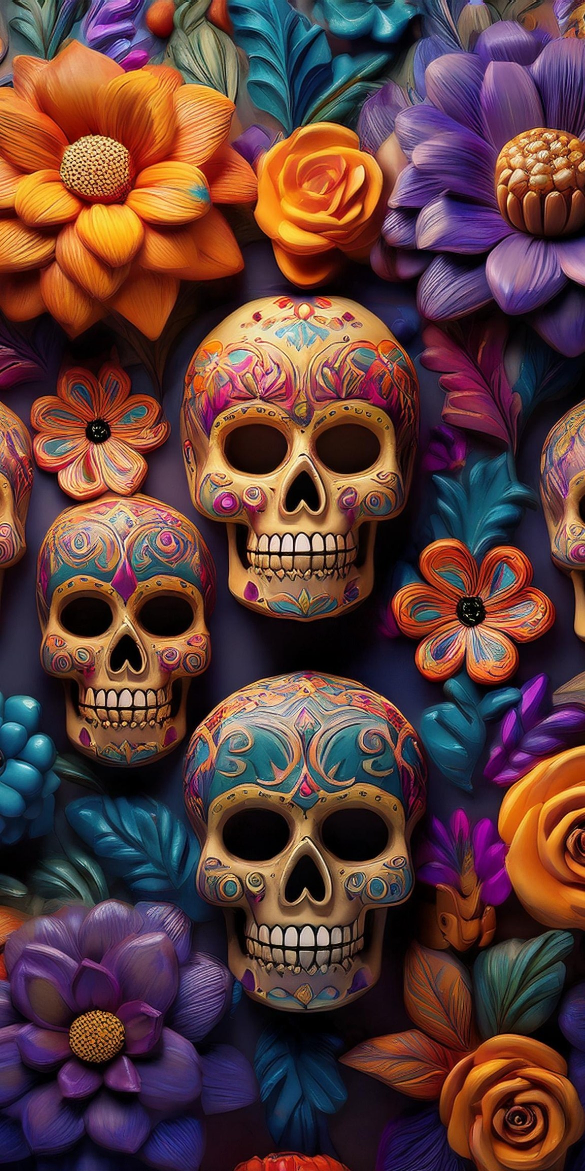 107+ Free Halloween Wallpapers To Download 71 Intricately designed sugar skulls surrounded by vibrant, colorful flowers, showcasing a blend of traditional art and festive celebration.