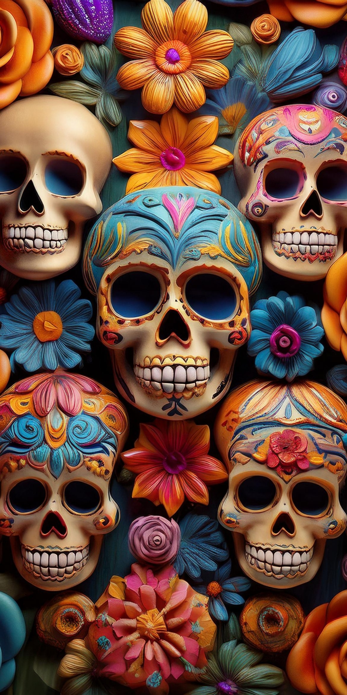 107+ Free Halloween Wallpapers To Download 72 Colorful Day of the Dead skulls surrounded by vibrant flowers, displaying intricate designs. Skulls feature various patterns, representing Mexican cultural traditions.