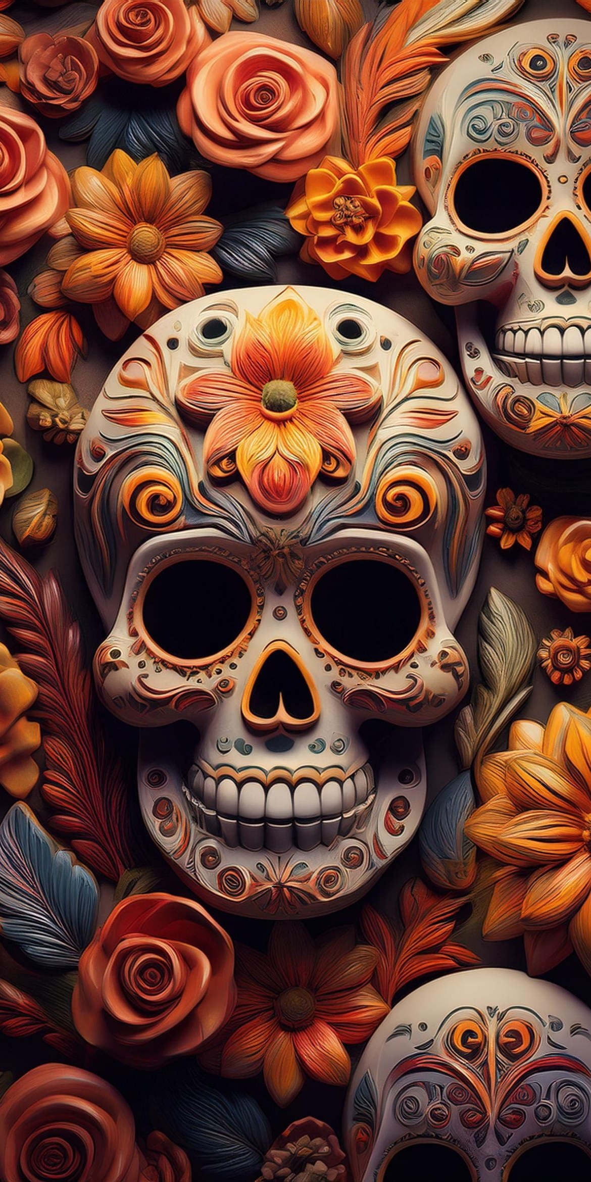 107+ Free Halloween Wallpapers To Download 73 Colorful Day of the Dead skulls surrounded by intricate, vibrant floral decorations, showcasing traditional Mexican artistry and cultural symbolism.
