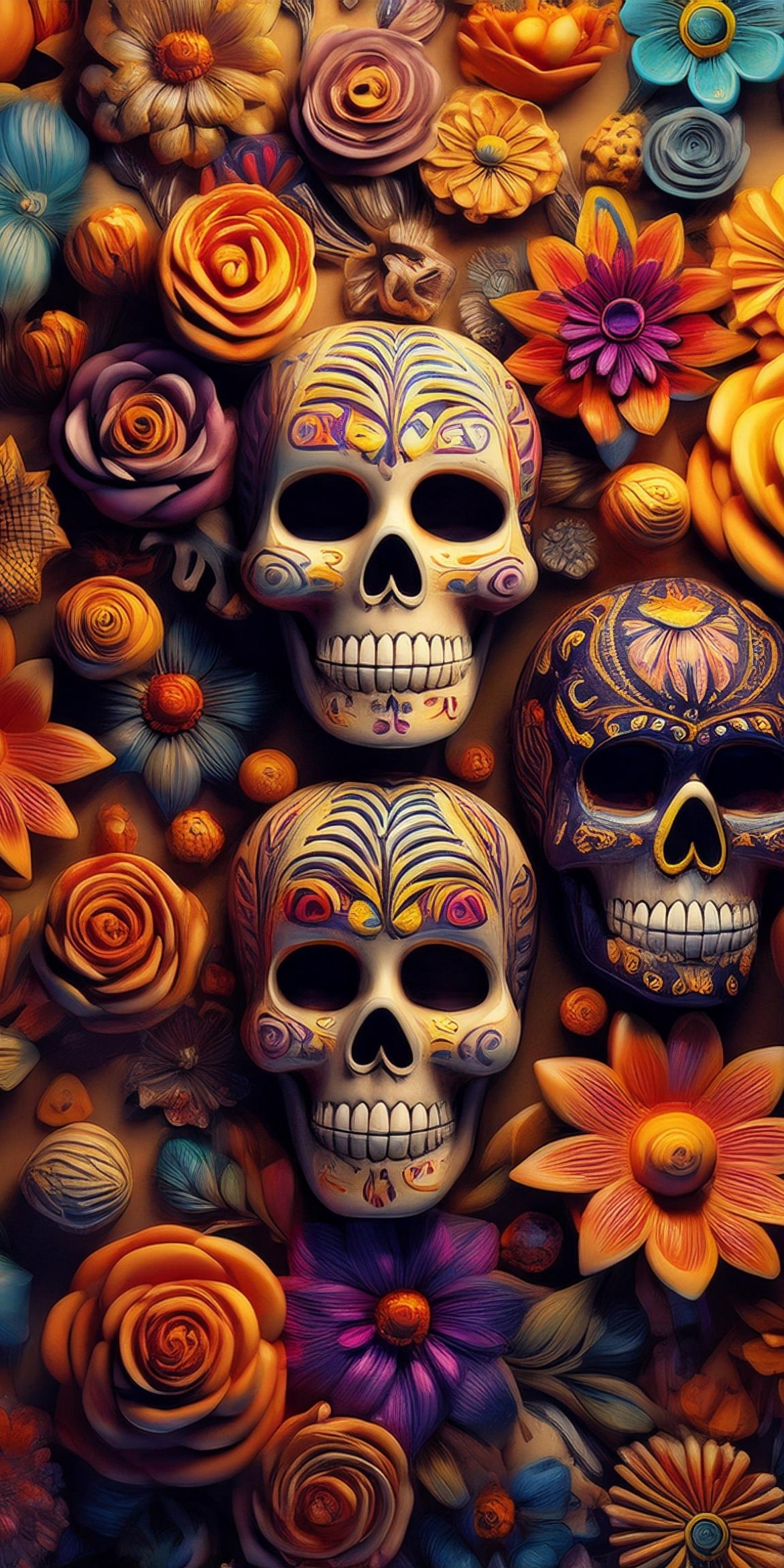107+ Free Halloween Wallpapers To Download 74 Colorful, intricately decorated skulls surrounded by vibrant flowers create a festive, artistic display reminiscent of Dia de los Muertos celebrations.