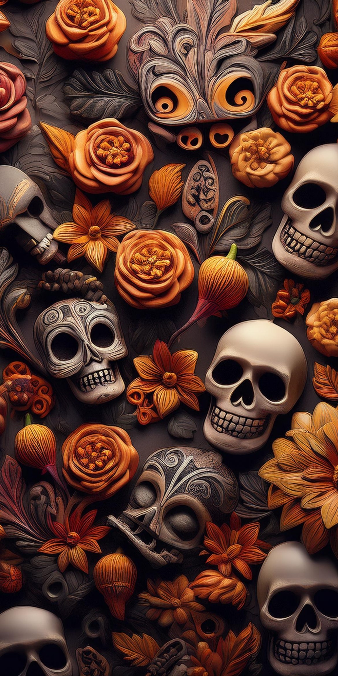 107+ Free Halloween Wallpapers To Download 75 Skulls and flowers intricately arranged with vibrant orange and brown hues, creating a rich, decorative pattern. Detailed textures showcase a festive, artistic theme.