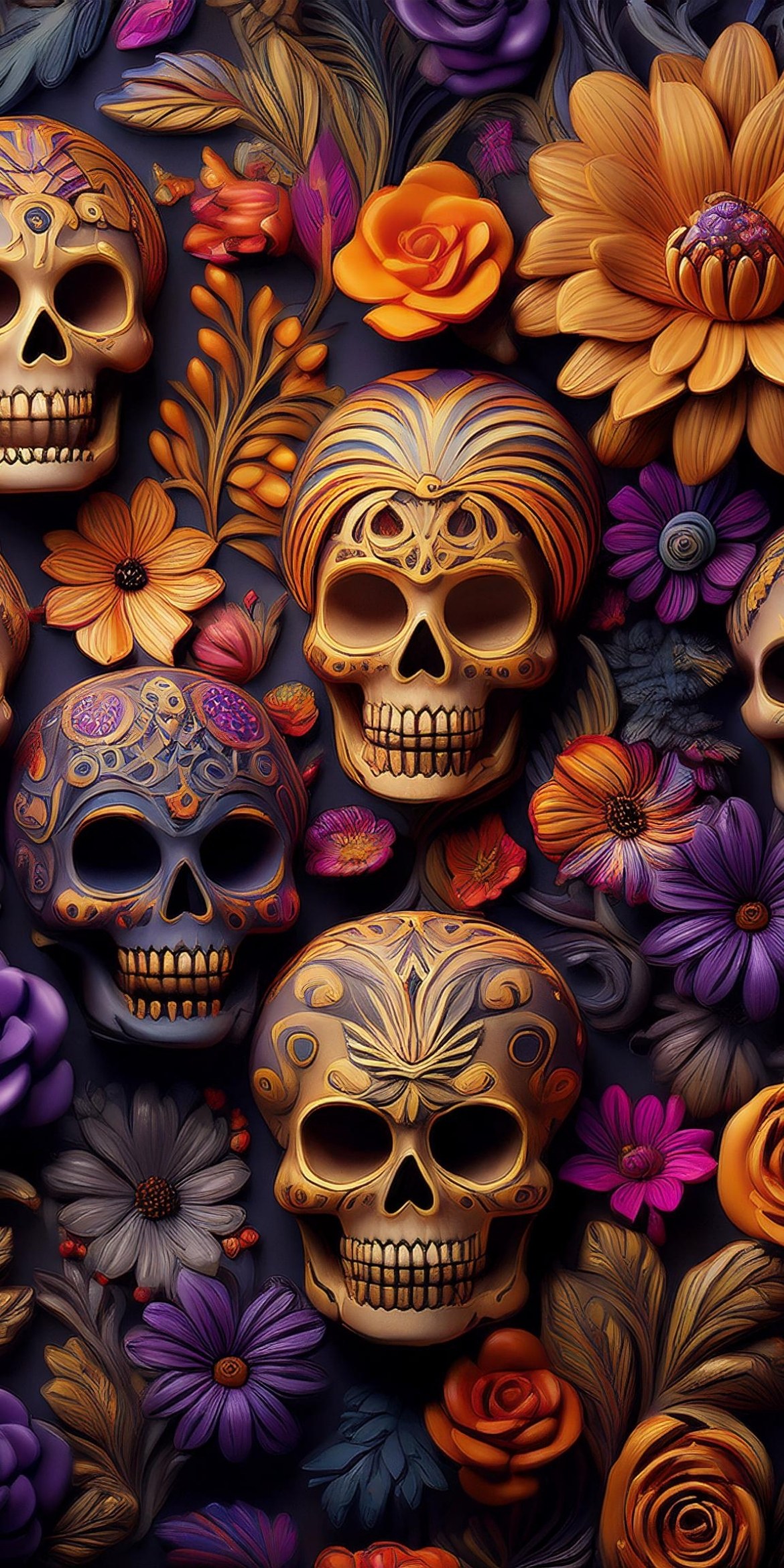 107+ Free Halloween Wallpapers To Download 76 Colorful, intricately decorated skulls surrounded by vibrant flowers. The design is reminiscent of traditional Day of the Dead motifs, featuring rich, warm hues.