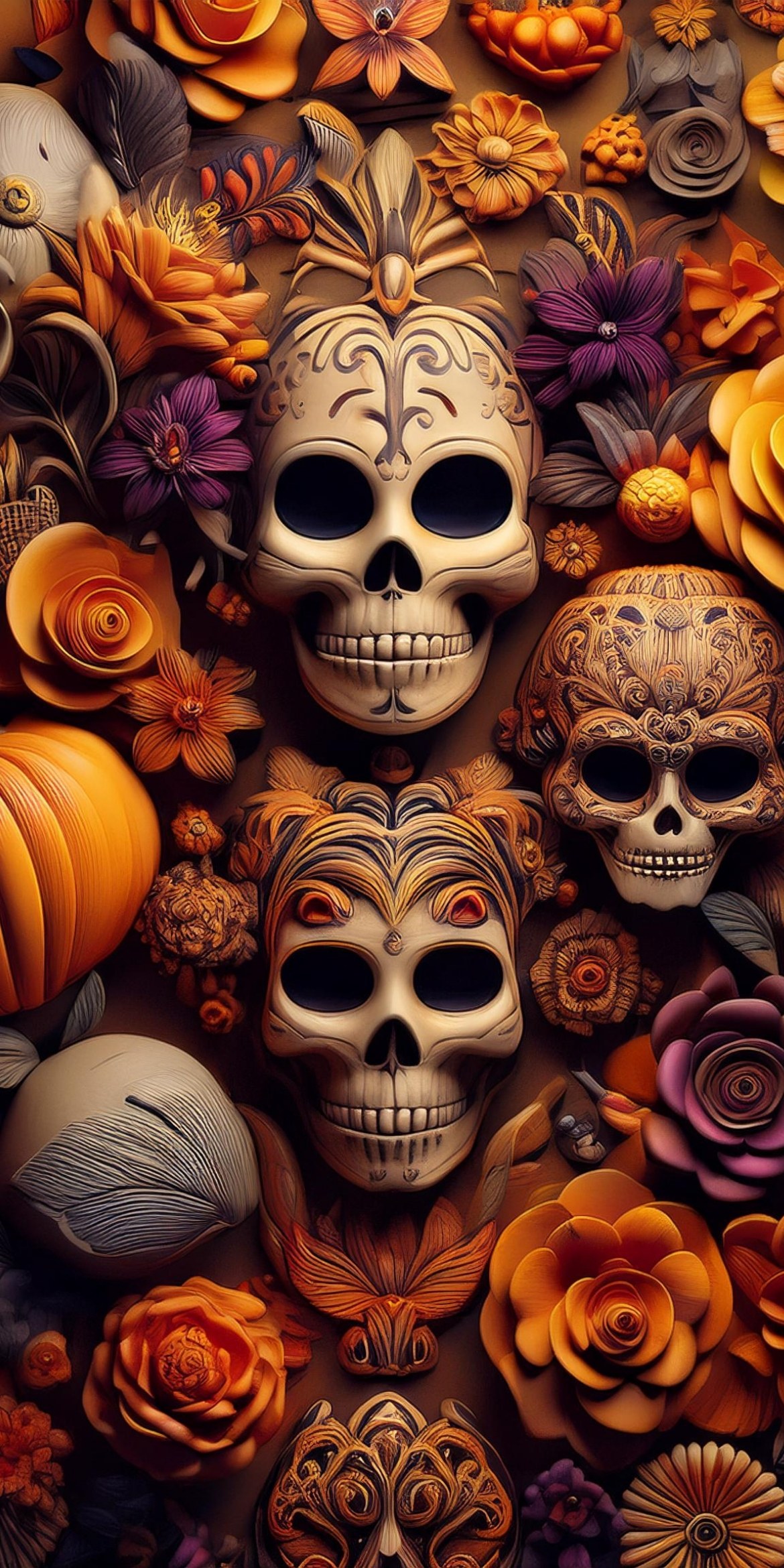 107+ Free Halloween Wallpapers To Download 77 Colorful Día de los Muertos-themed image featuring ornate skulls surrounded by vibrant flowers, symbolizing life and death in Mexican culture.