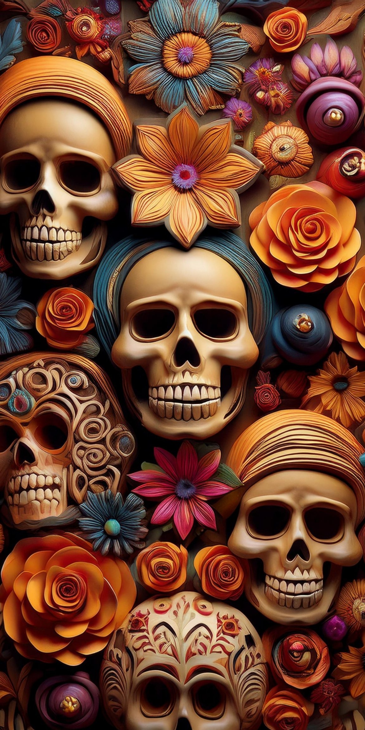 107+ Free Halloween Wallpapers To Download 78 Colorful image of intricately decorated skulls and vibrant flowers, featuring detailed floral patterns and designs. Represents festive, artistic celebration, possibly Día de los Muertos.