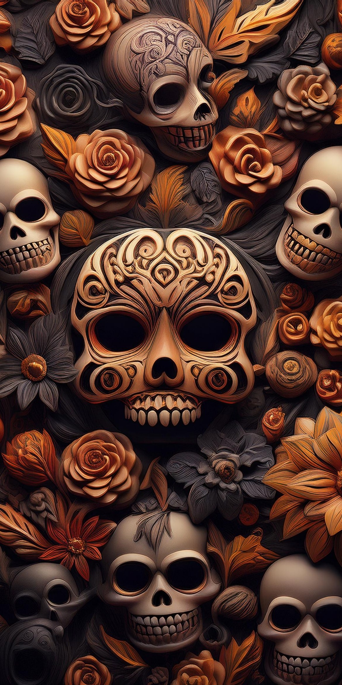 107+ Free Halloween Wallpapers To Download 79 Ornate skulls and floral arrangement with intricate patterns. Vivid orange, brown blossoms create a rich, vibrant Day of the Dead-themed artistic composition.