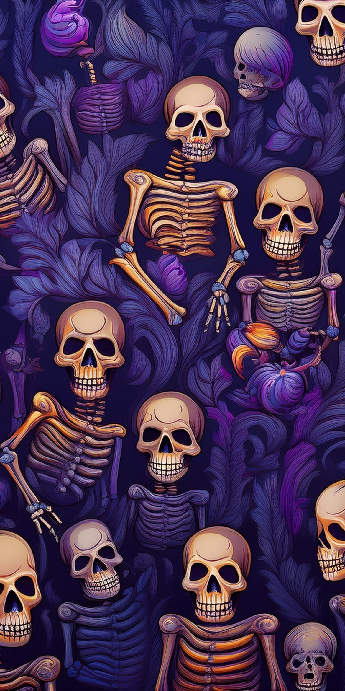 107+ Free Halloween Wallpapers To Download 80 Vibrant illustration of skeletons amidst swirling purple leaves and flowers, creating a whimsical and lively pattern against a dark background.