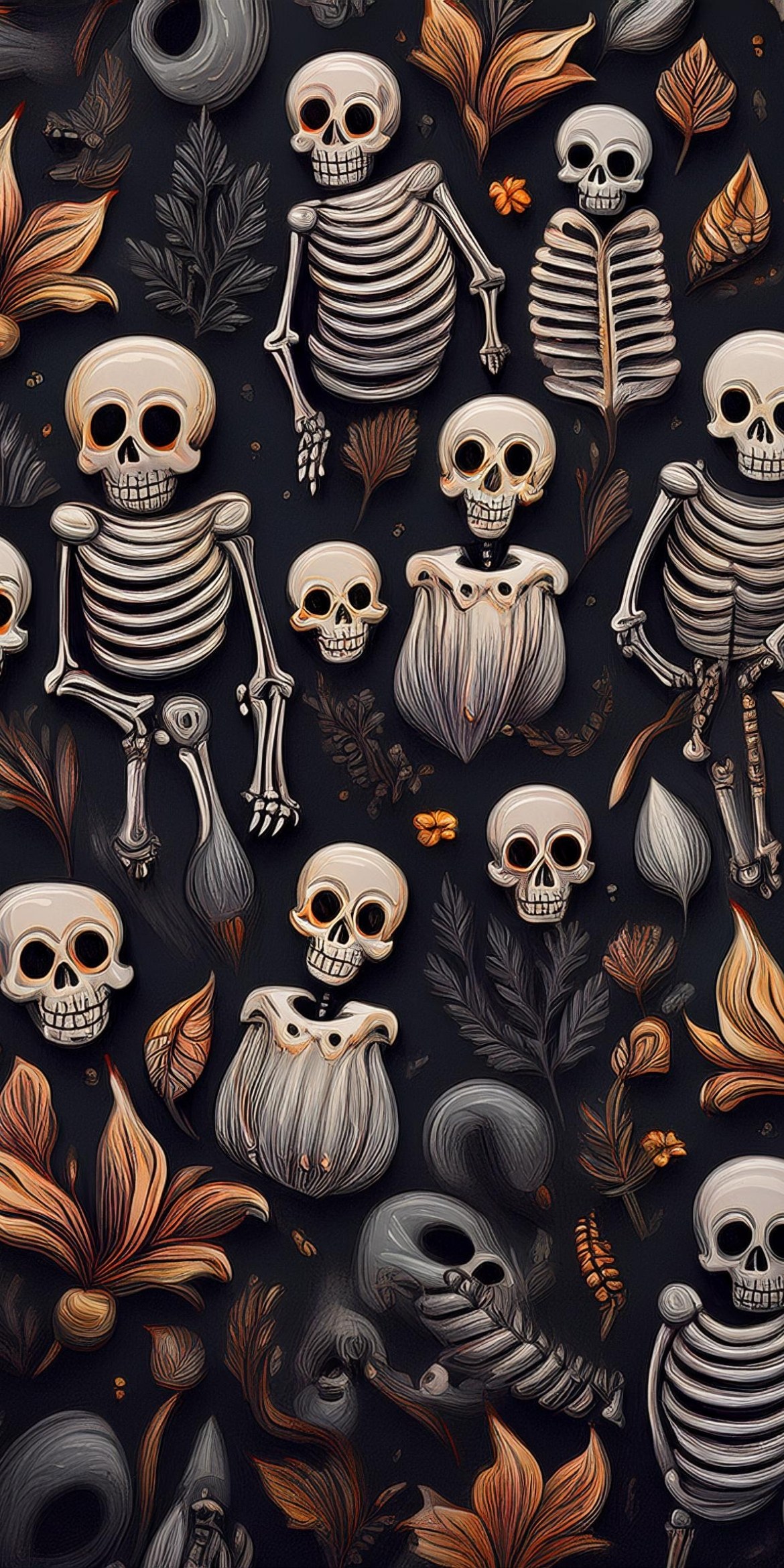 107+ Free Halloween Wallpapers To Download 82 Artistic pattern of skeletons and floral elements on a dark background, featuring orange and brown leaves interspersed with skulls and bones.