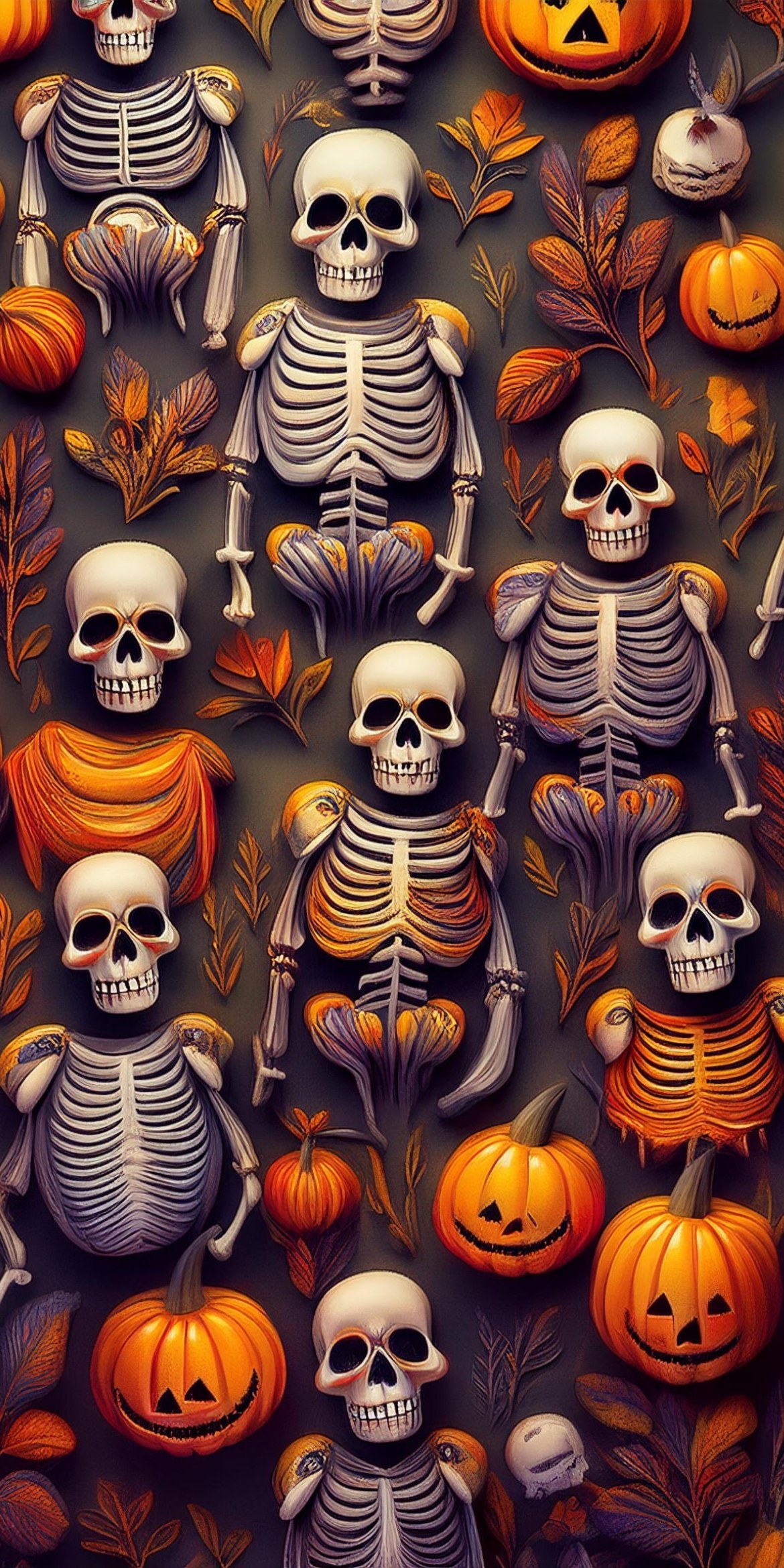 107+ Free Halloween Wallpapers To Download 83 Whimsical Halloween-themed illustration featuring skeletons, pumpkins, and autumn leaves, creating a festive and spooky atmosphere with vibrant colors and playful designs.