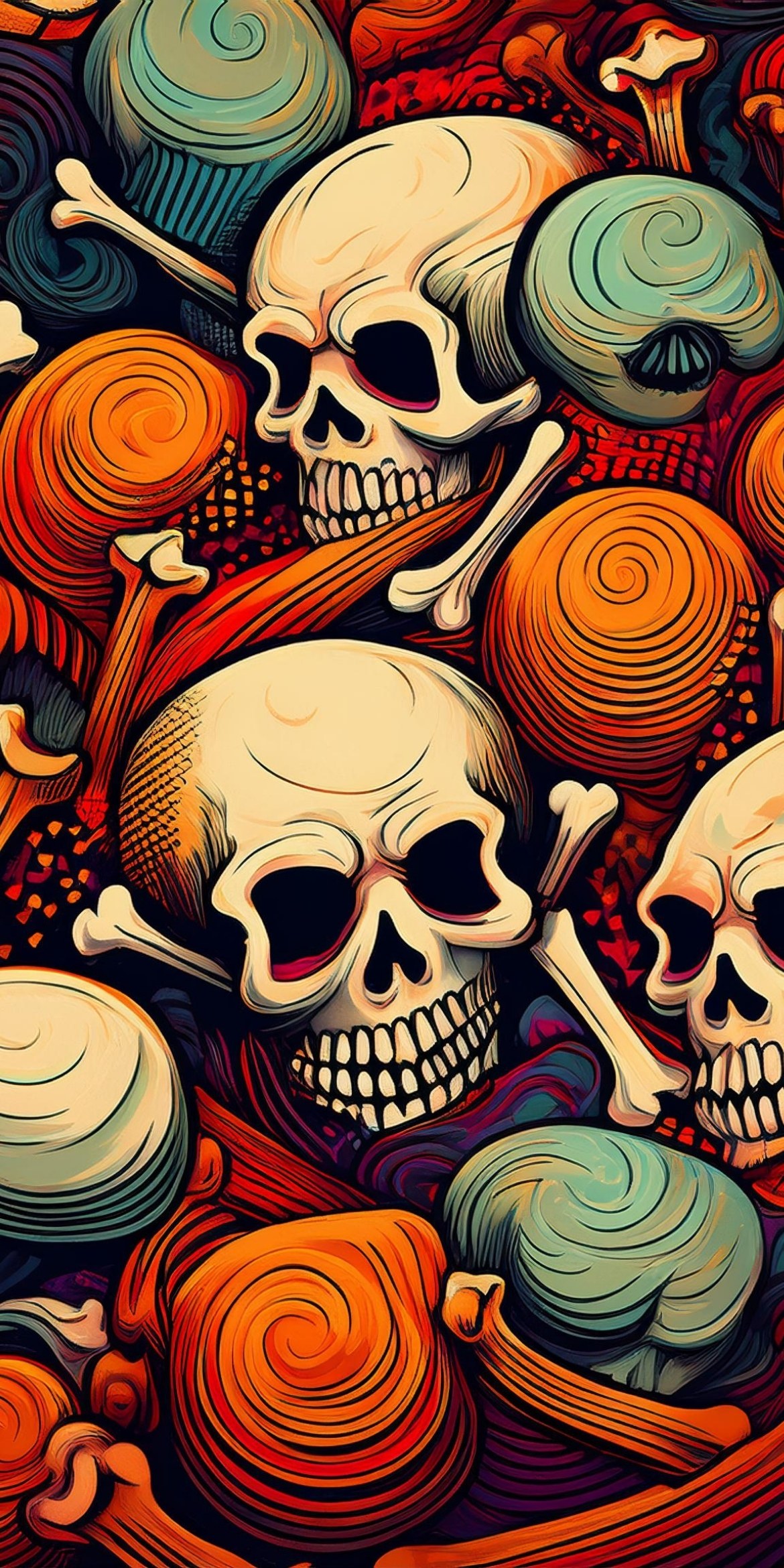 107+ Free Halloween Wallpapers To Download 84 Colorful illustration featuring skulls, spiraled shells, and abstract patterns in vibrant hues, creating a vivid and dynamic composition with a surreal atmosphere.