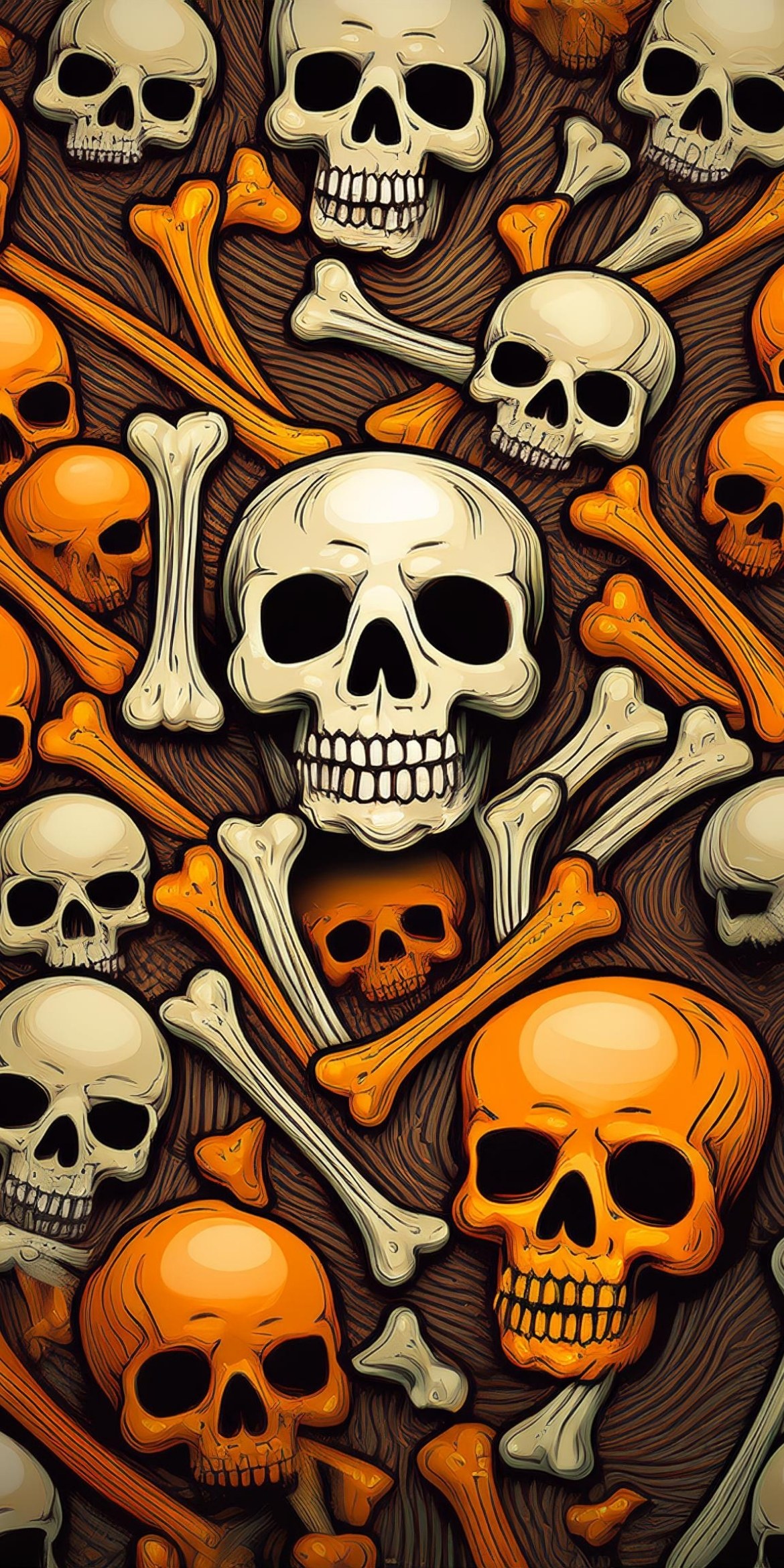 107+ Free Halloween Wallpapers To Download 86 A vibrant pattern of cartoon skulls and bones, featuring contrasting shades of cream and orange, artistically arranged on a textured background.