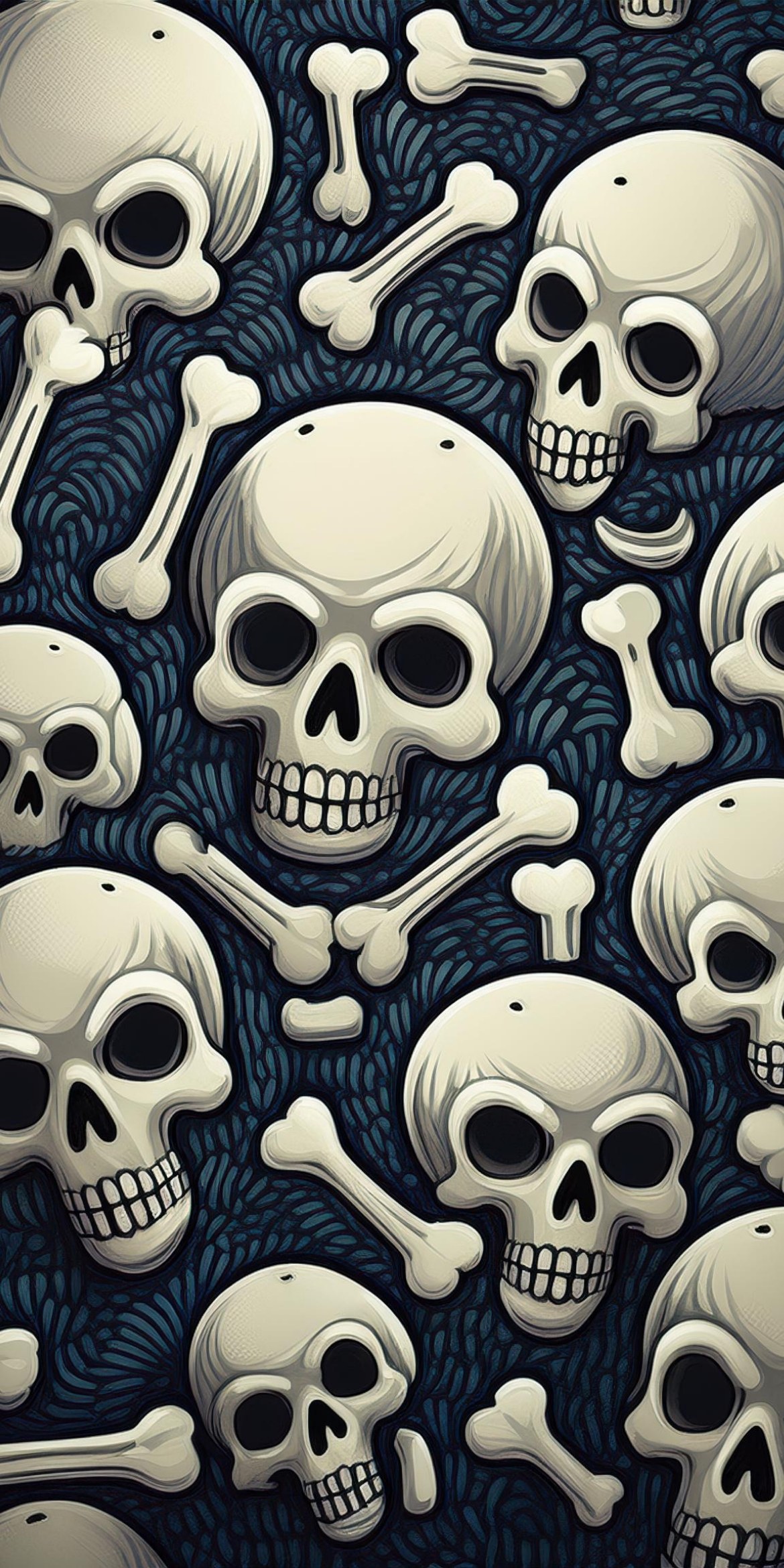 107+ Free Halloween Wallpapers To Download 87 The image features a dark background with numerous cartoon-style skulls and bones scattered throughout, creating a seamless, spooky pattern.