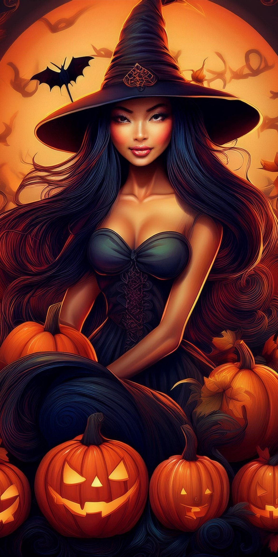 107+ Free Halloween Wallpapers To Download 89 A person wearing a witch hat surrounded by glowing pumpkins and bats, with an orange full moon in the background.