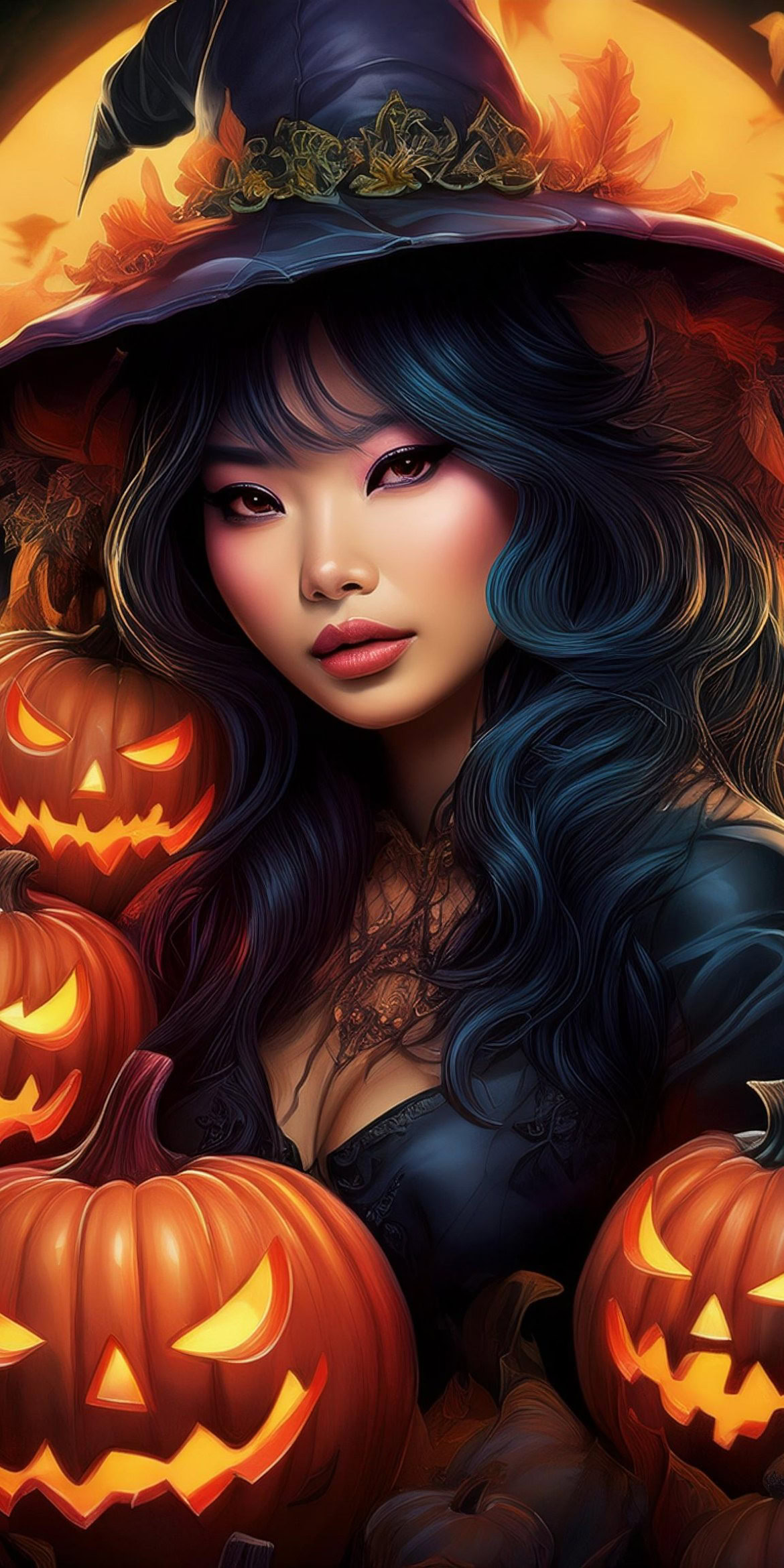 107+ Free Halloween Wallpapers To Download 90 A person with long hair and a witch hat is surrounded by glowing jack-o'-lanterns, with a large moon in the background.
