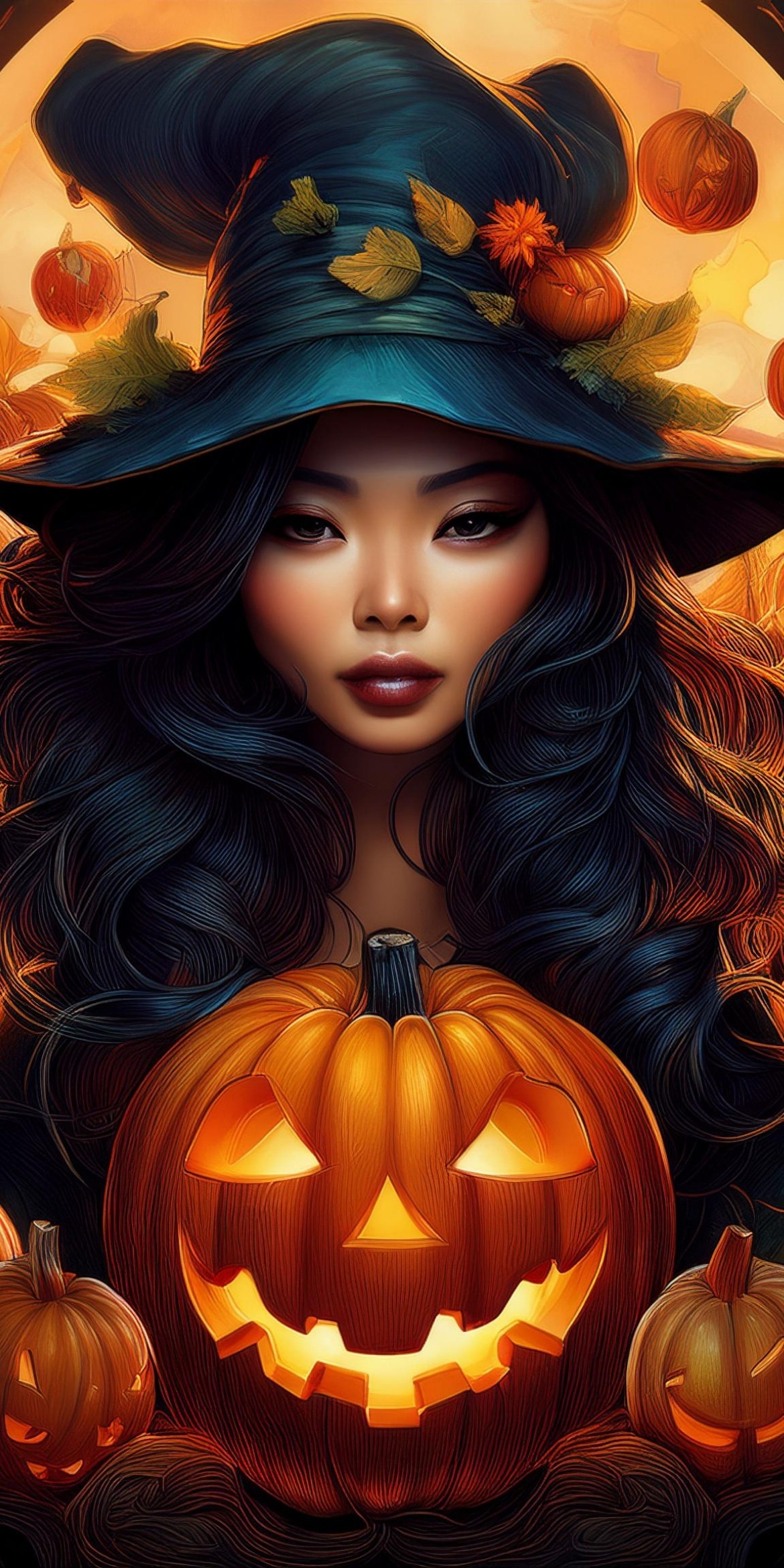107+ Free Halloween Wallpapers To Download 91 A person with dark hair wears a witch hat, surrounded by glowing pumpkins. The atmosphere is Halloween-themed with warm autumn colors.