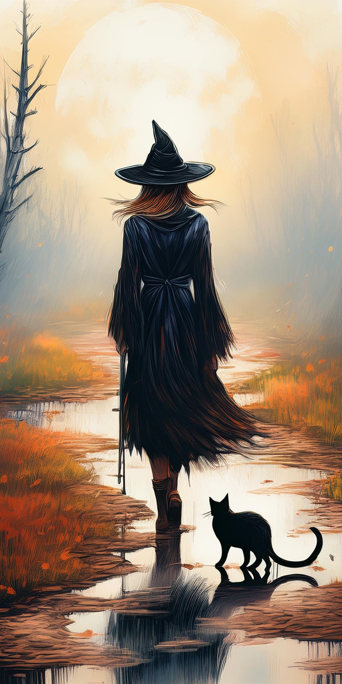 107+ Free Halloween Wallpapers To Download 92 A person in a witch hat walks beside a cat on a reflective path, under a large full moon in an autumn landscape.