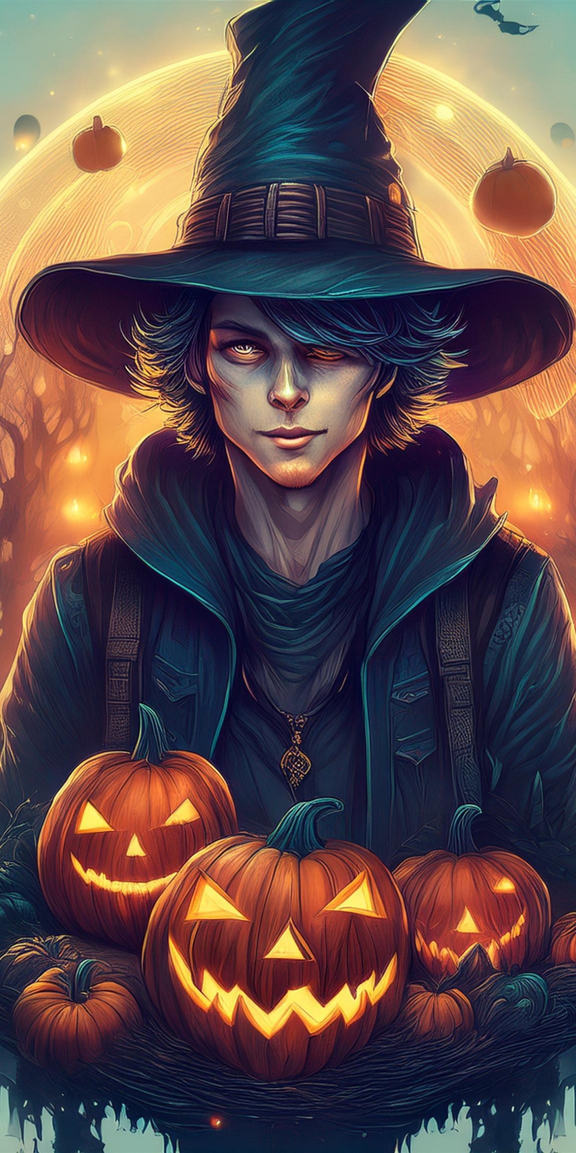 107+ Free Halloween Wallpapers To Download 93 A person in a witch hat stands with glowing pumpkins, full moon, flying bat, and silhouettes of trees and floating pumpkins in the background.