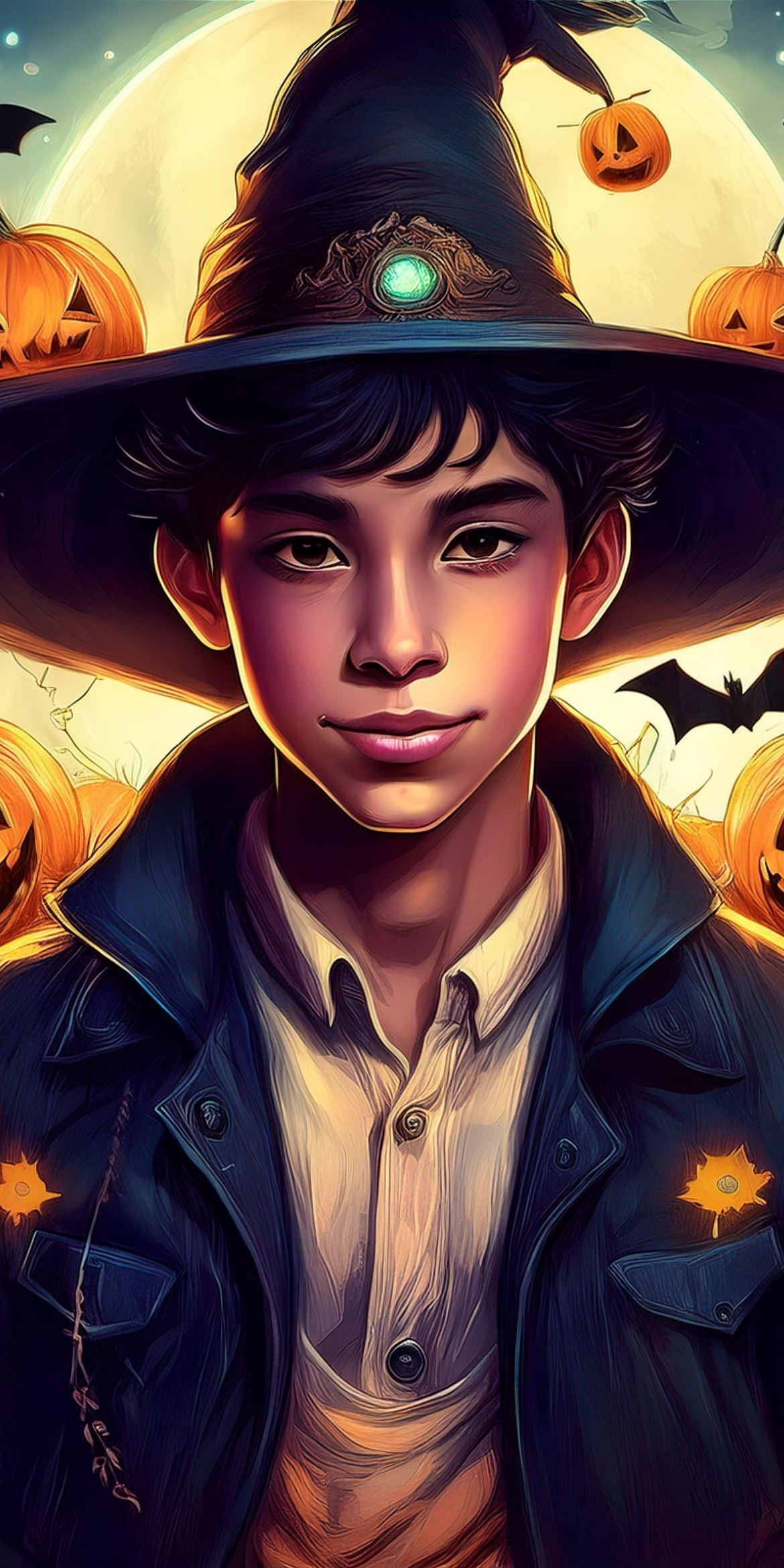 107+ Free Halloween Wallpapers To Download 94 A person in a wizard hat, surrounded by glowing pumpkins and bats, stands against a full moon backdrop, creating a magical Halloween atmosphere.