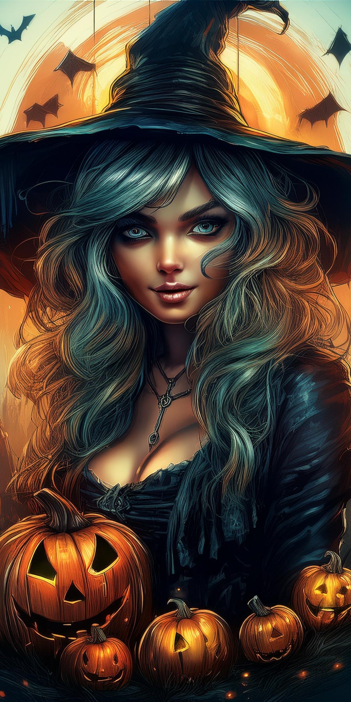107+ Free Halloween Wallpapers To Download 95 A person in a witch hat surrounded by carved pumpkins with glowing faces, bats flying in a sunset-lit background. Halloween theme.