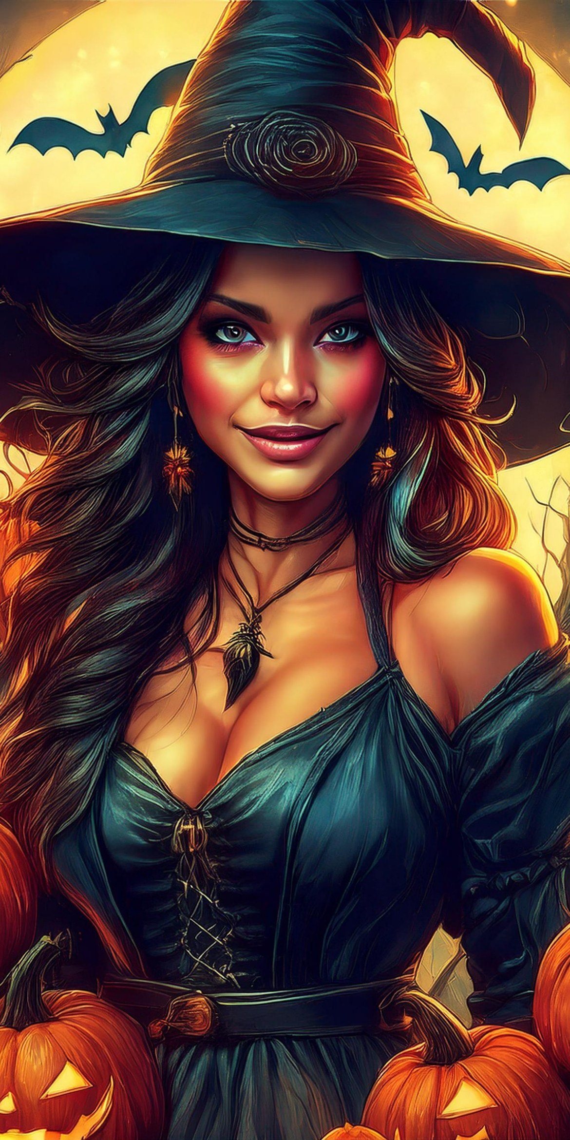 107+ Free Halloween Wallpapers To Download 96 A person dressed as a witch with a pointed hat, surrounded by carved pumpkins and flying bats, under a glowing full moon.