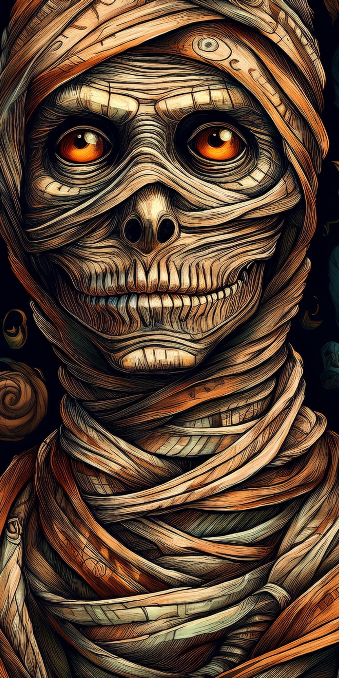 107+ Free Halloween Wallpapers To Download 99 A detailed illustration depicts a stylized mummy with intricate wrappings, emphasizing vibrant eyes and skeletal features, set against a dark, swirling background.