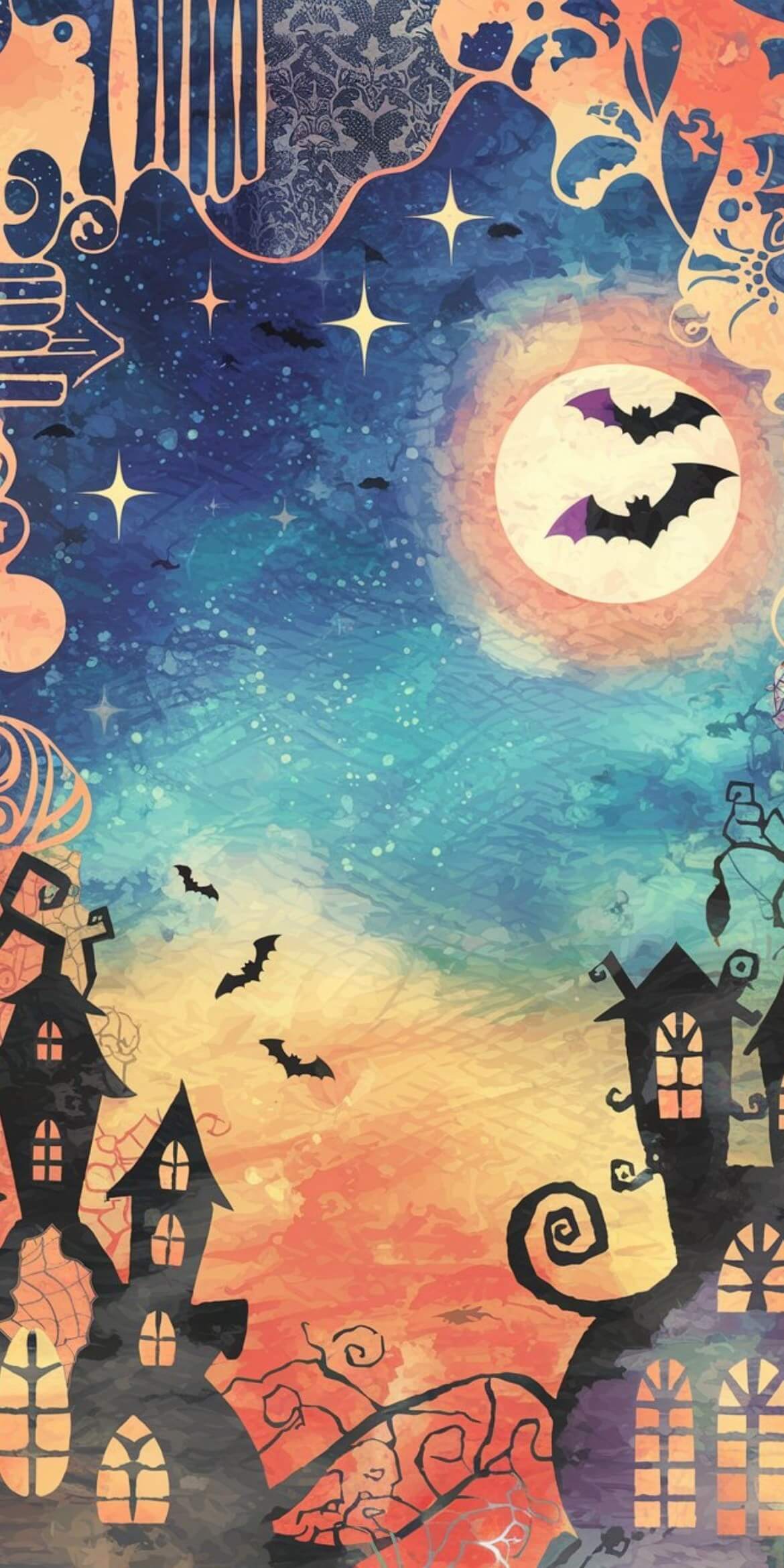 107+ Free Halloween Wallpapers To Download 28 halloween drawing of two houses, bats, moon and stars