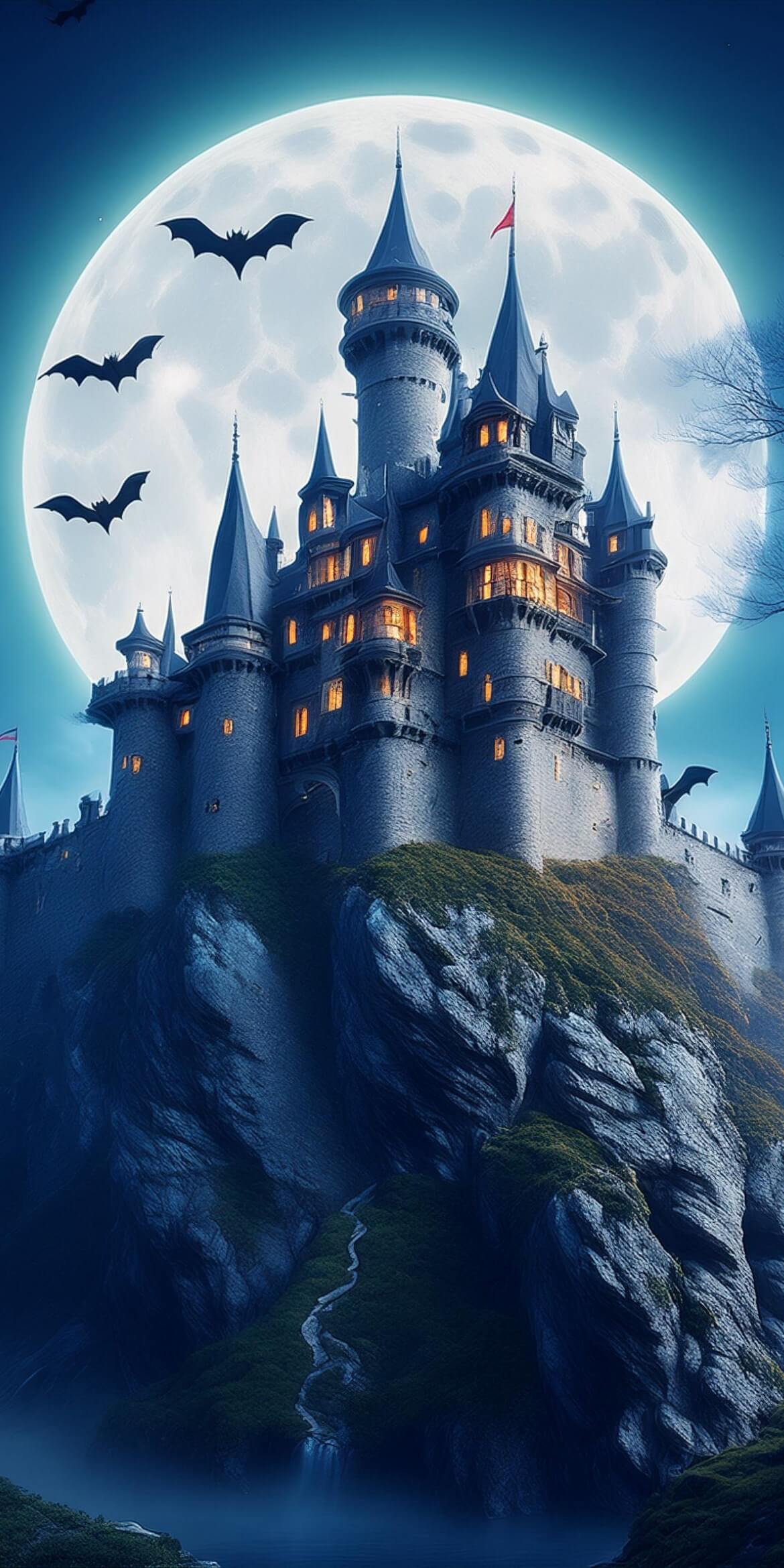 107+ Free Halloween Wallpapers To Download 53 halloween haunted castle on huge rocks giant moon behind bats