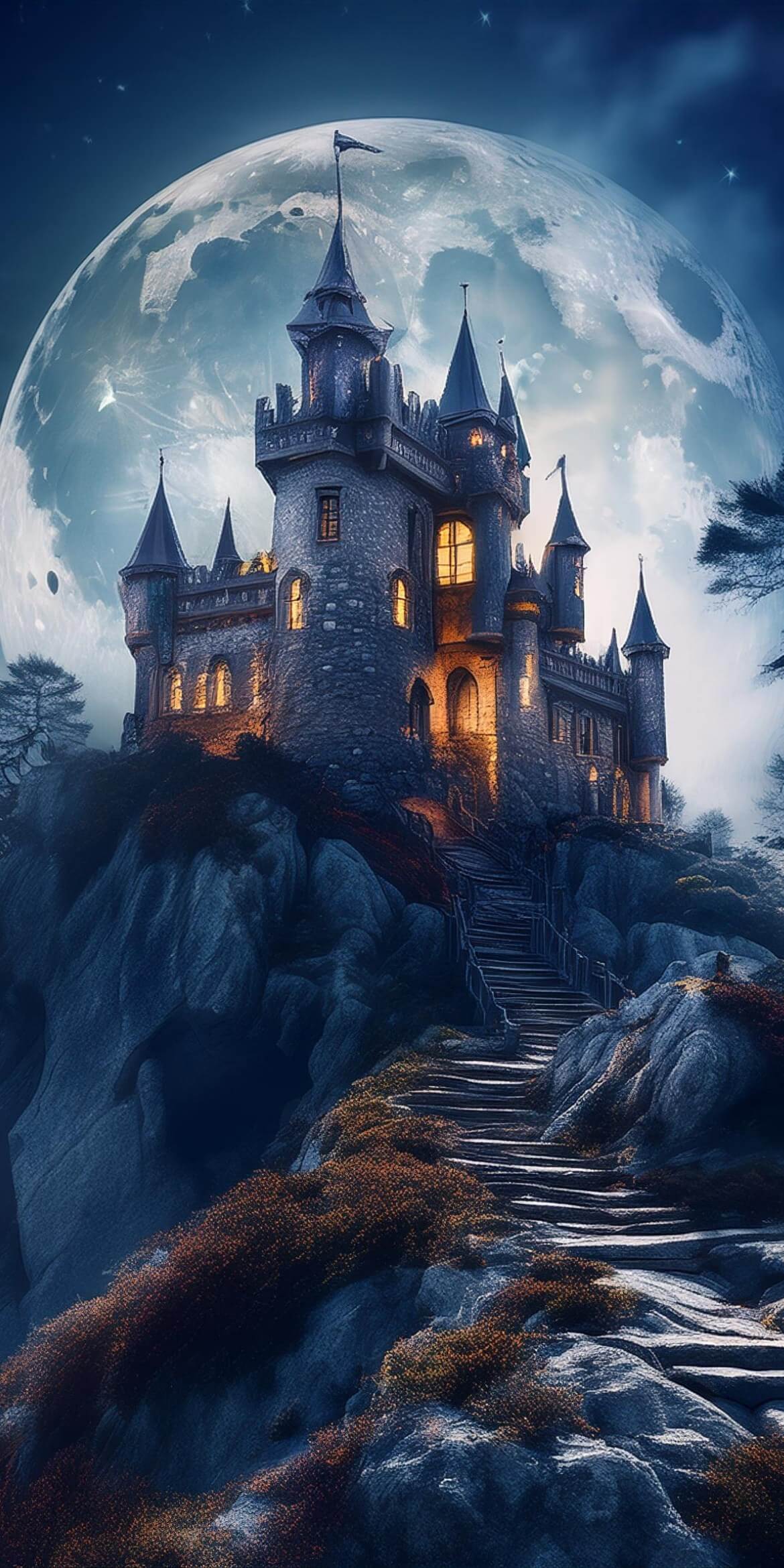 107+ Free Halloween Wallpapers To Download 51 halloween haunted castle on huge rocks giant moon behind with steps misty