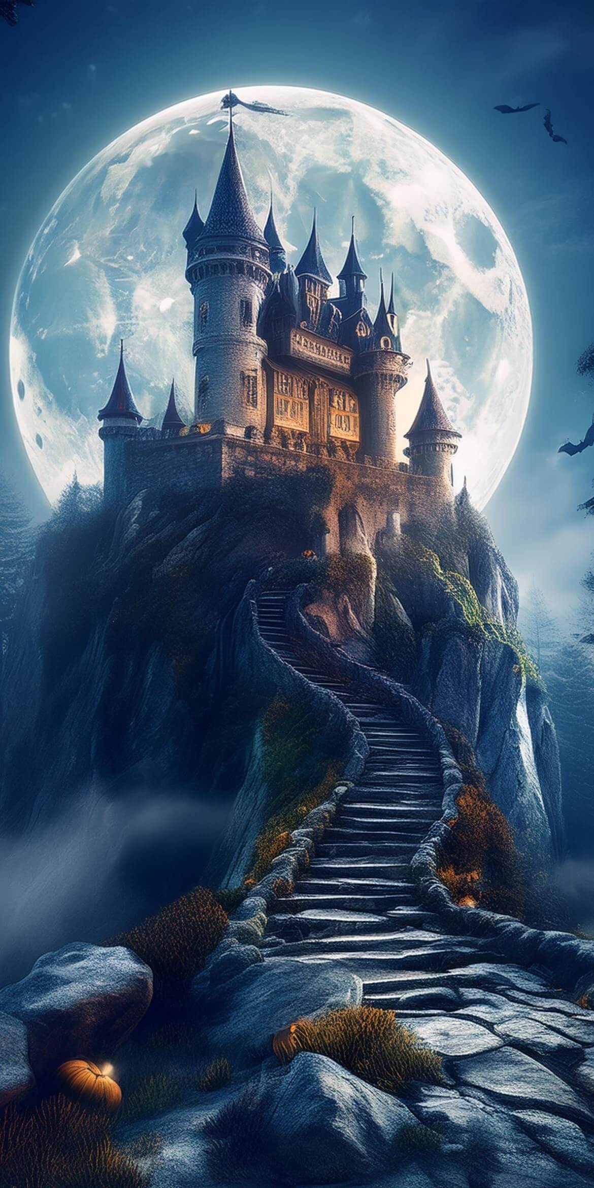 107+ Free Halloween Wallpapers To Download 50 halloween haunted castle on huge rocks giant moon behind with steps